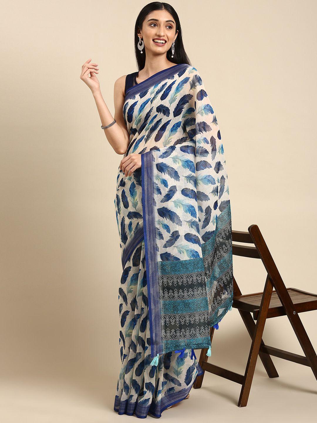 anouk off white & blue ethnic motifs print pure linen saree