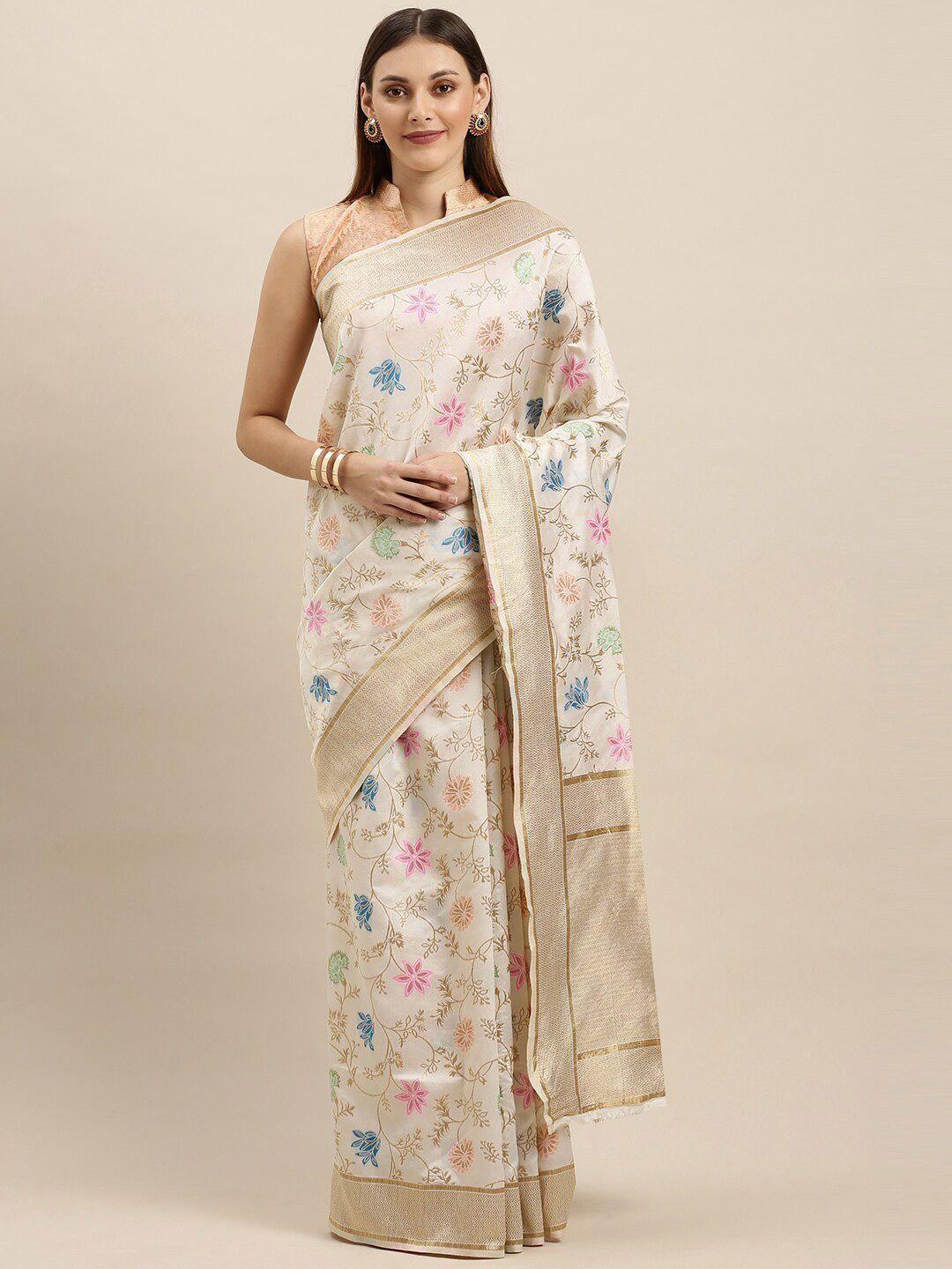 anouk off white & gold-toned woven design zari silk blend banarasi saree