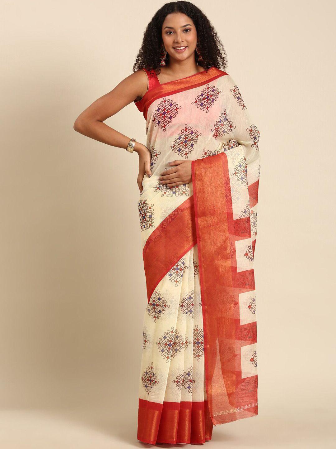 anouk off white & maroon ethnic motifs printed zari saree