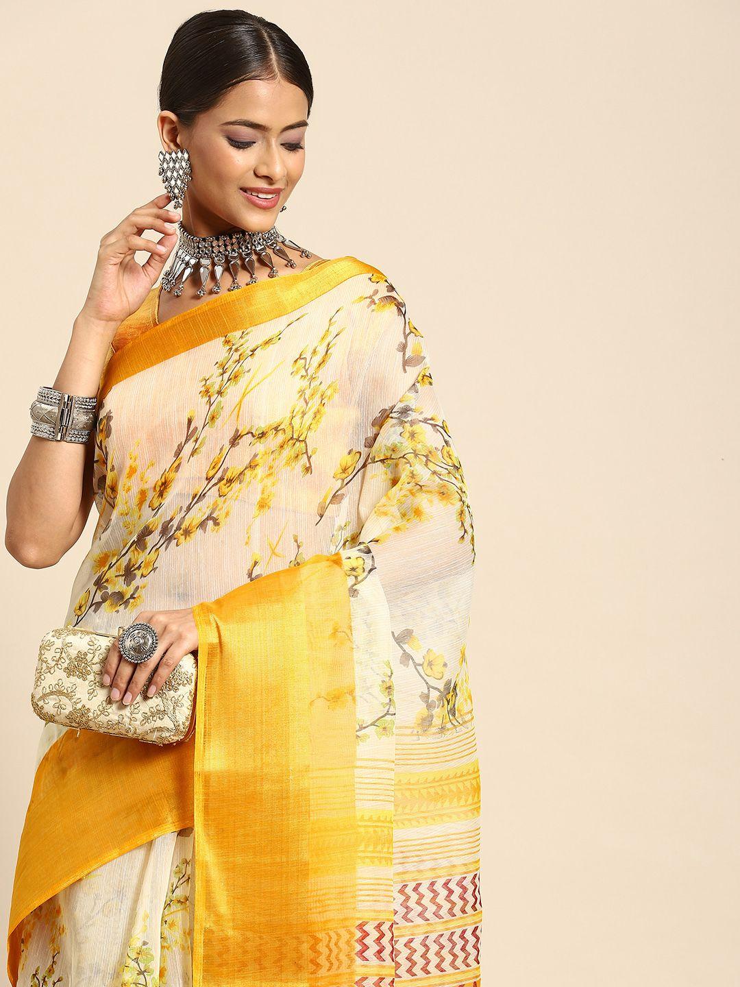 anouk off white & mustard yellow floral print saree