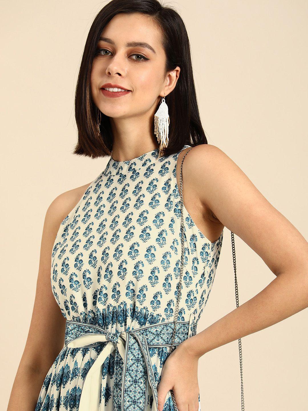 anouk off white & navy blue ethnic digital print crepe a-line midi dress with belt