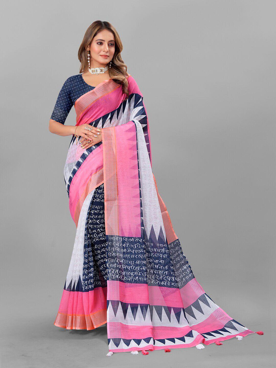 anouk off white & pink ethnic motifs printed zari pure linen saree