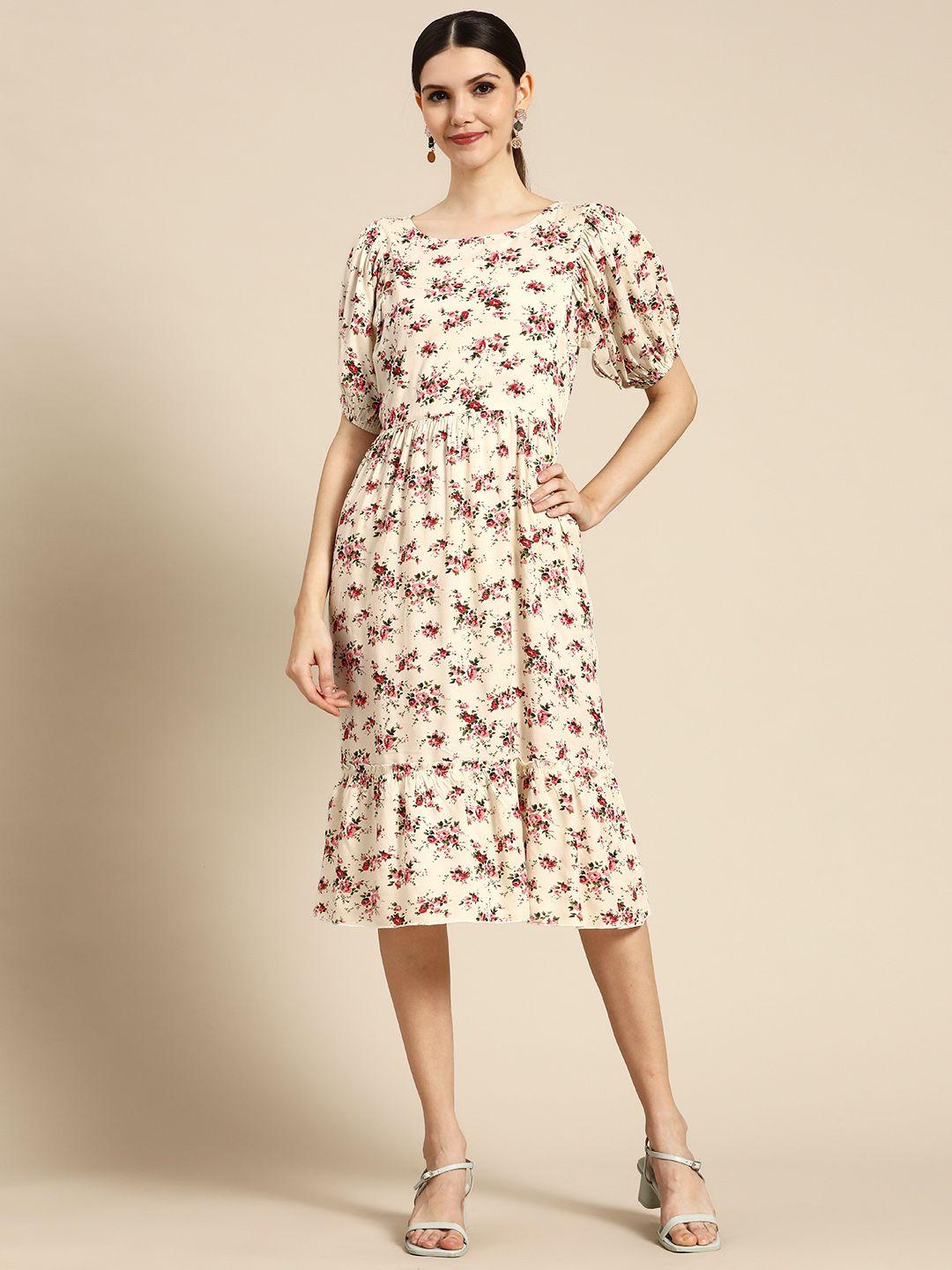 anouk off white & pink floral print a-line midi dress