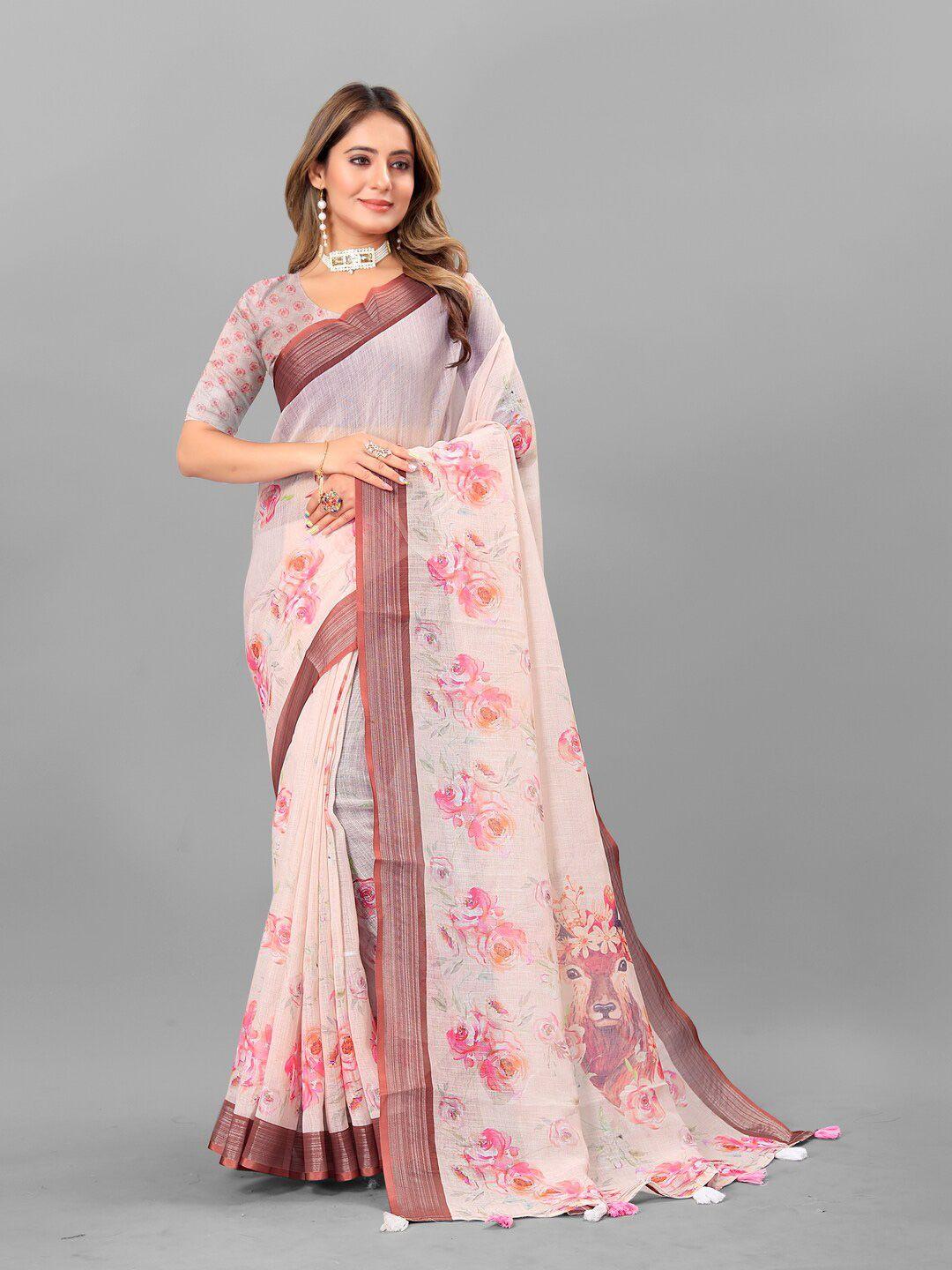 anouk off white & pink floral printed zari pure linen saree