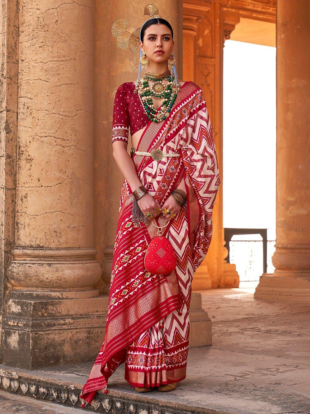 anouk off white & red ethnic woven design zari banarasi saree