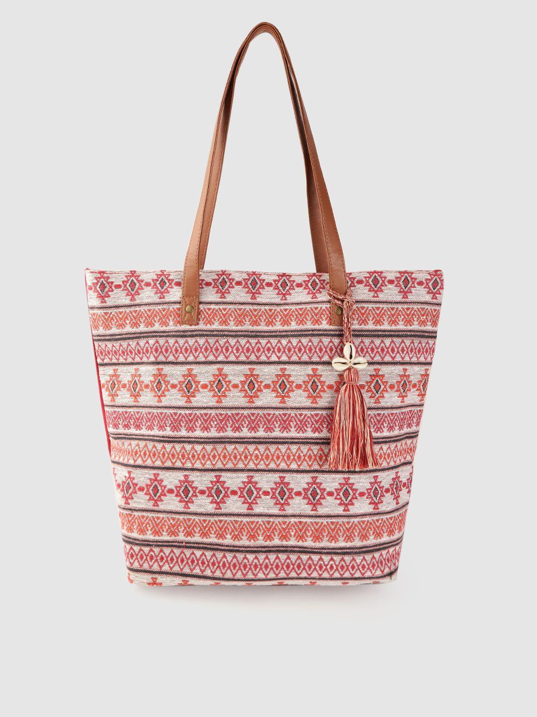 anouk off-white & red geometric patterned shopper tote bag with tasselled detail