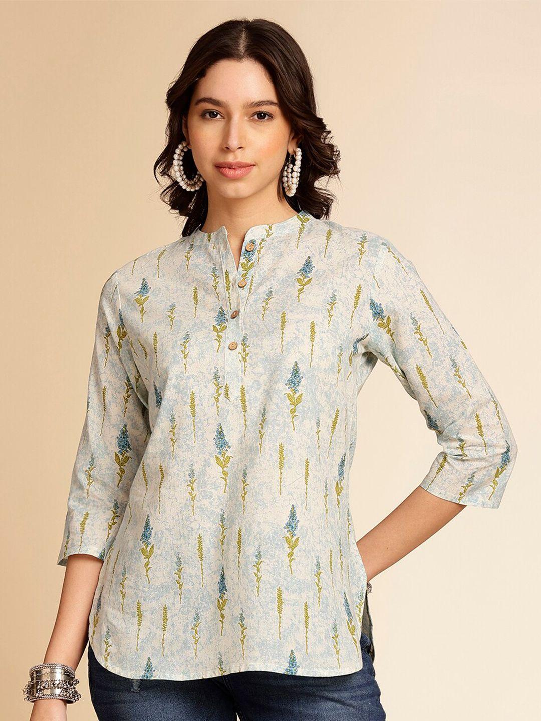 anouk off white botanical printed mandarin collar pure cotton kurti