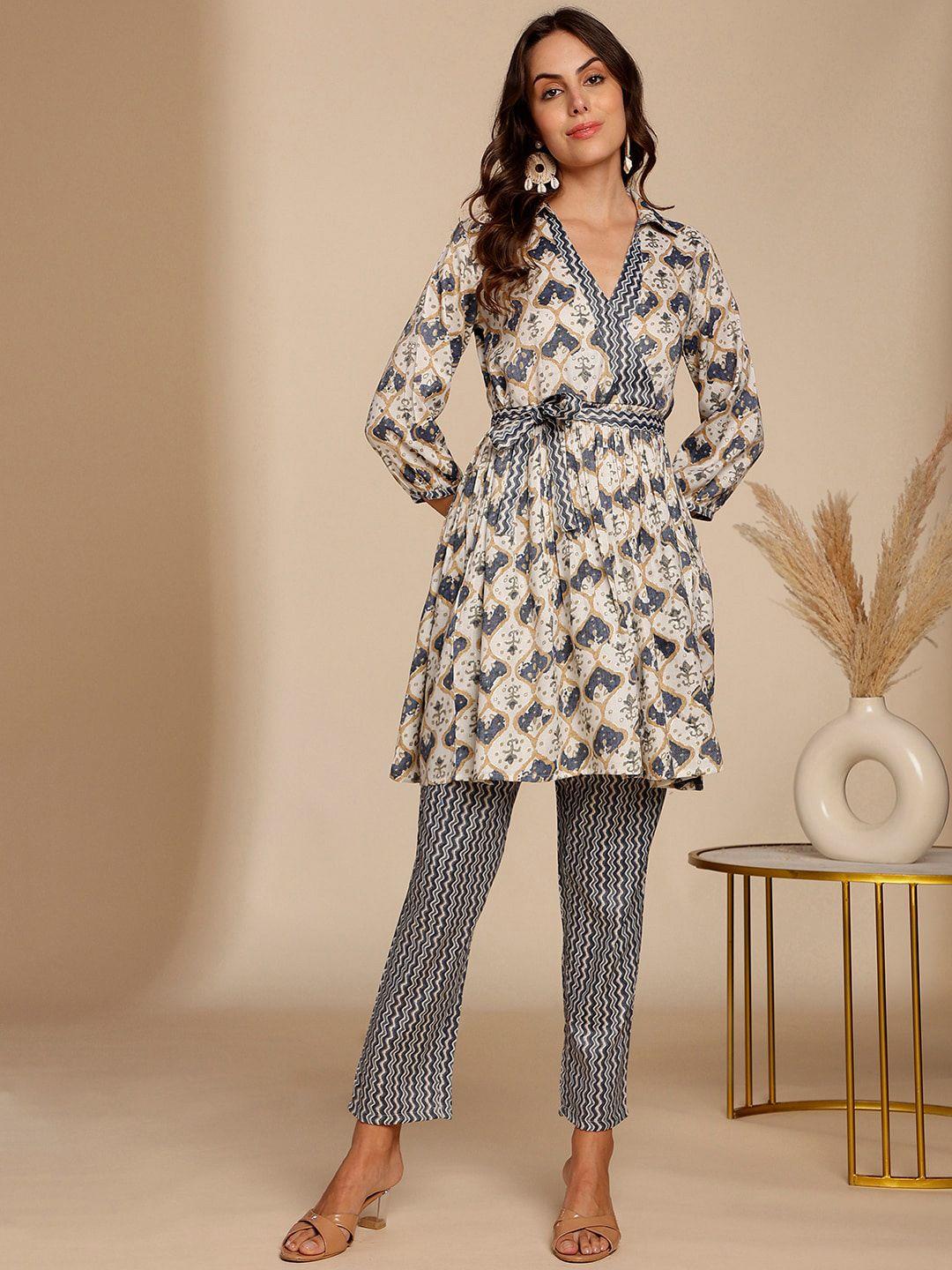 anouk off white ethnic motifs printed shirt collar a-line kurta with trouser