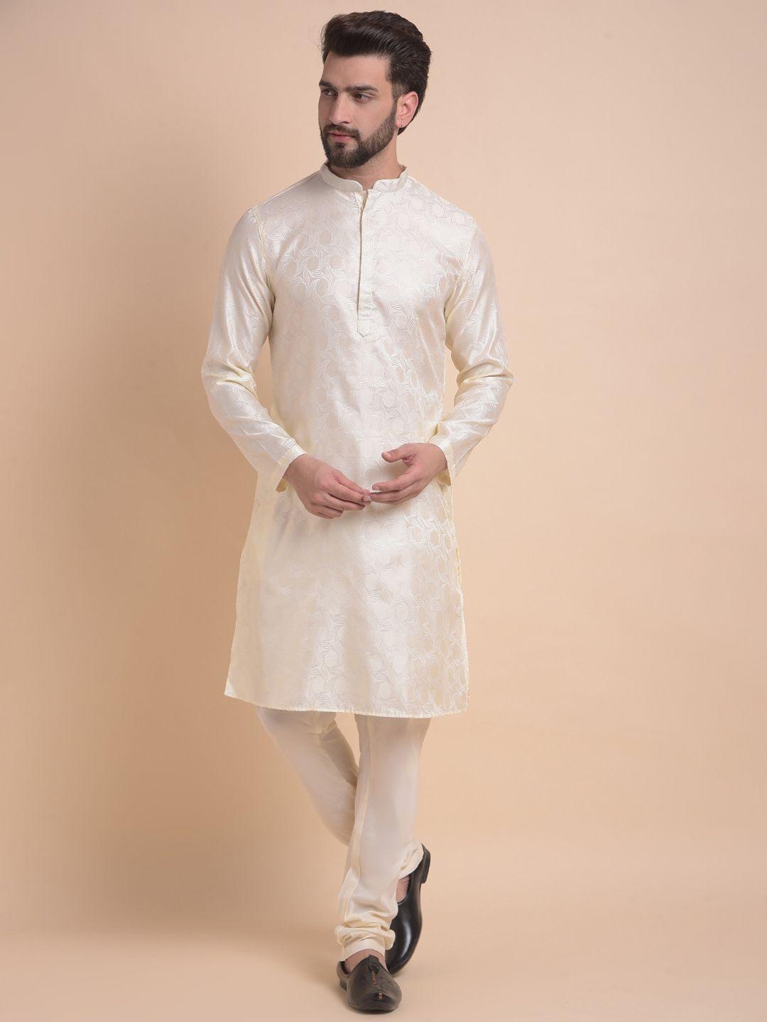 anouk off white ethnic motifs woven design jacquard silk kurta with churidar