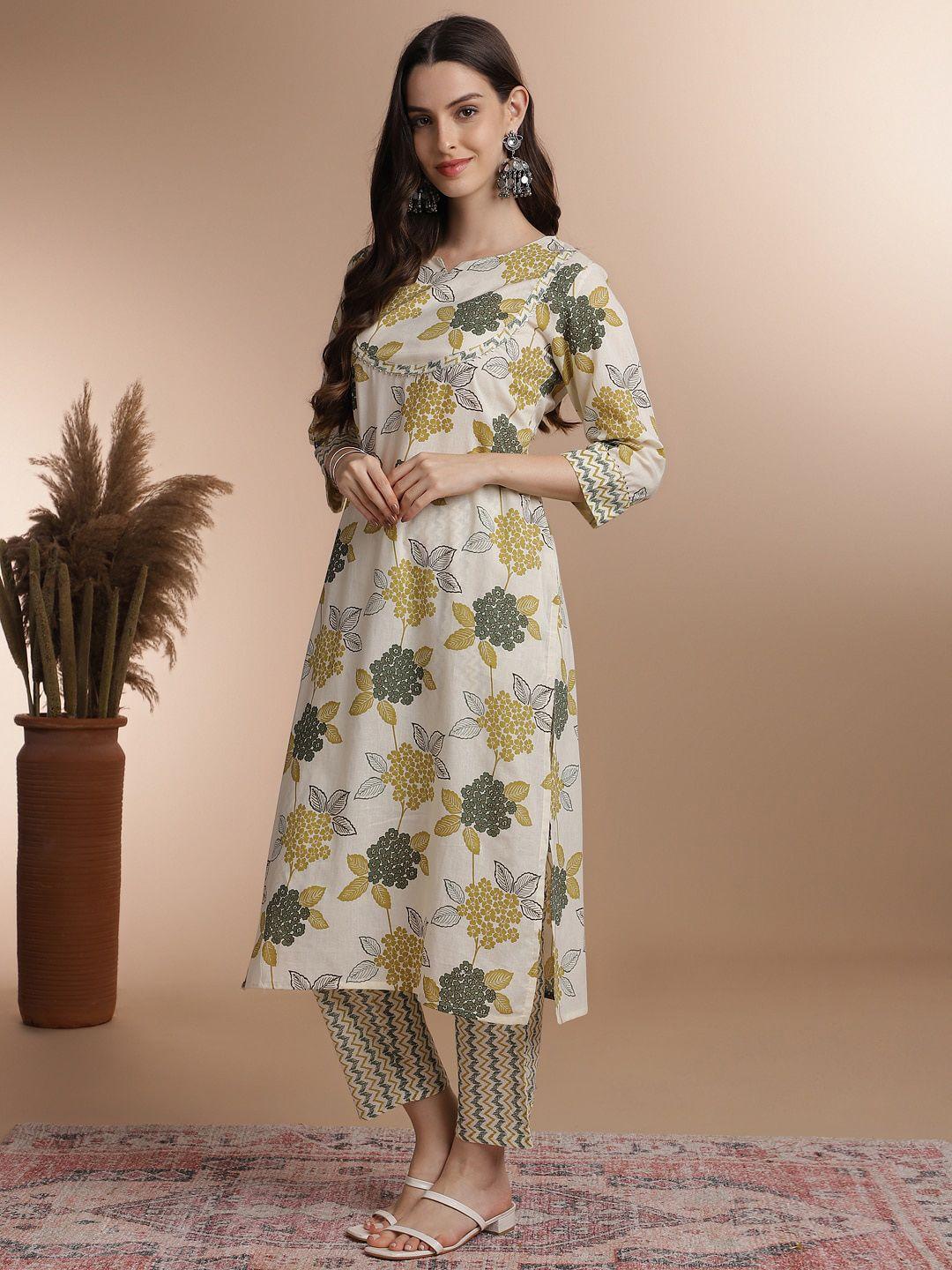 anouk off white floral printed gotta patti detail pure cotton straight kurta with trouser