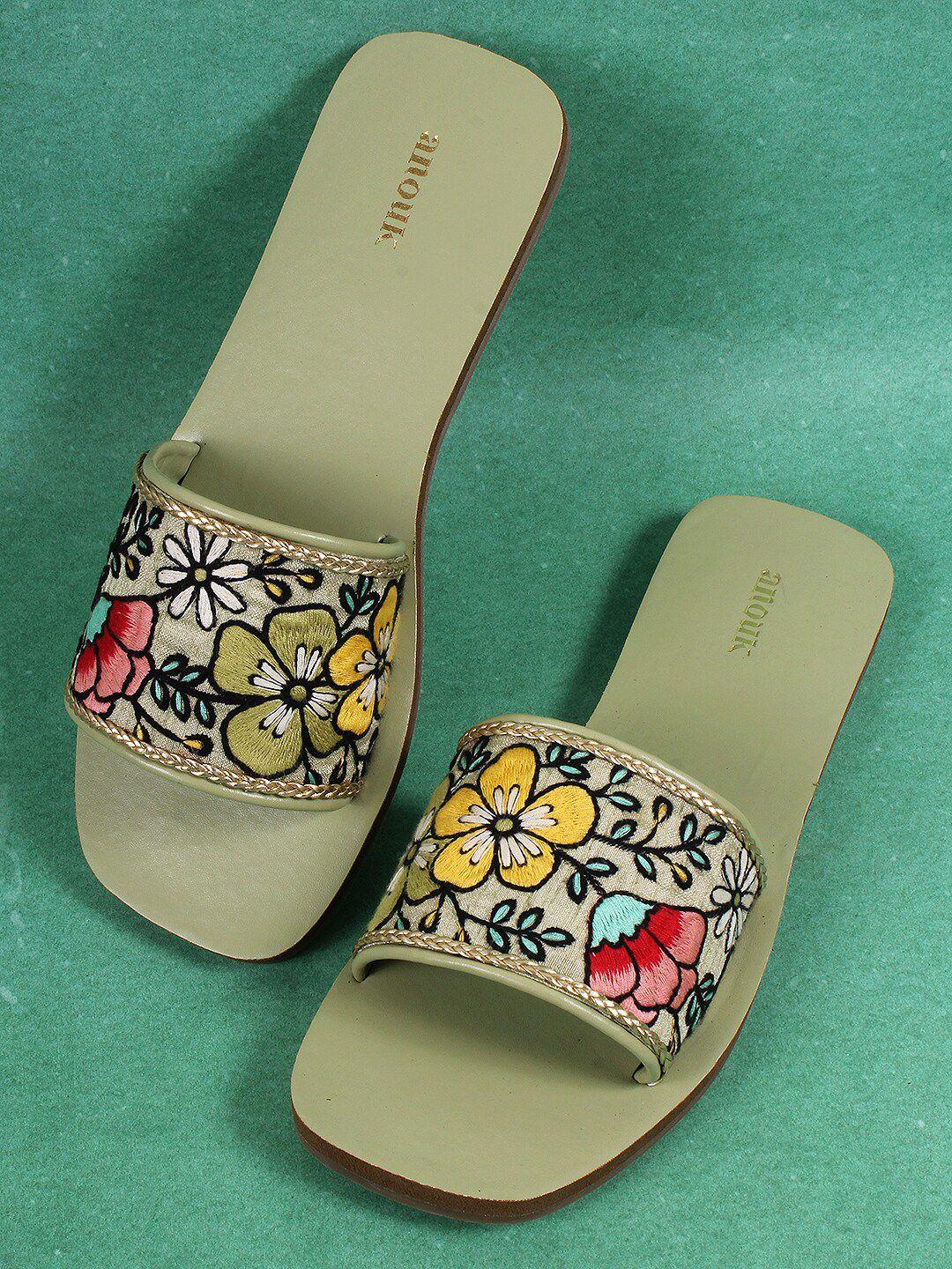 anouk olive green & black floral embroidered open toe flats