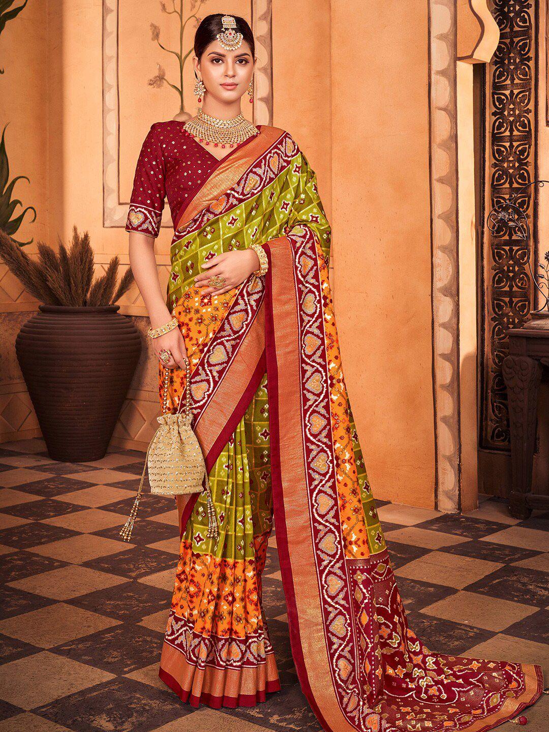 anouk olive green & red ethnic motifs printed zari patola saree