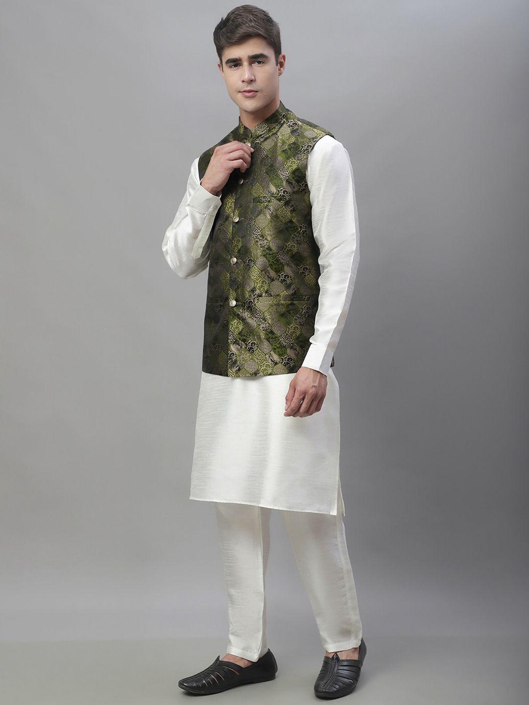 anouk olive green & white band collar kurta with pyjamas & nehru jacket
