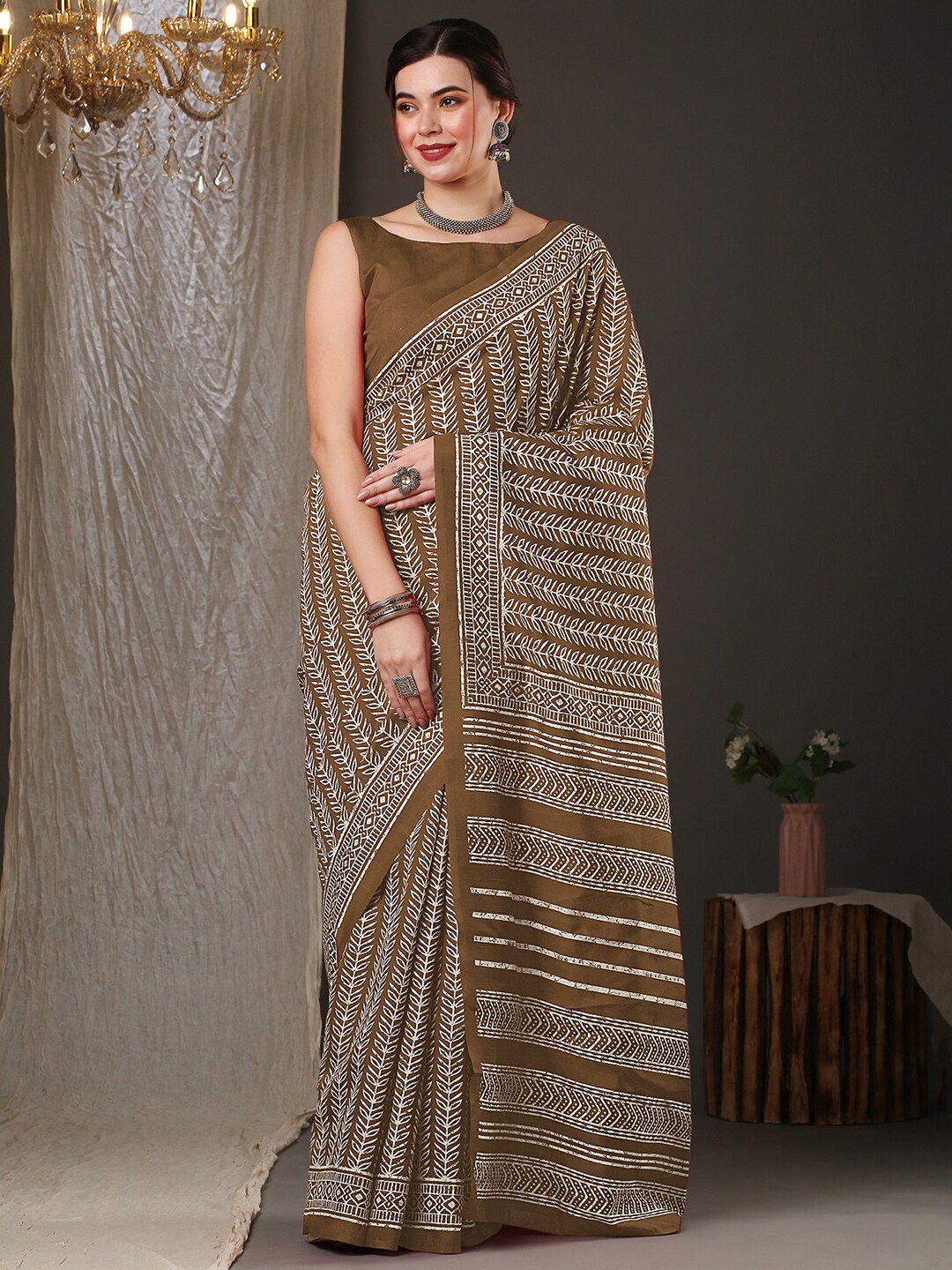 anouk olive green & white batik printed bhagalpuri saree