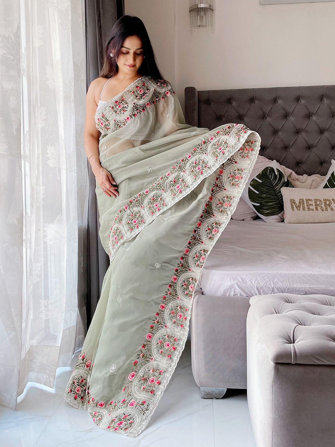 anouk olive green & white floral embroidered organza saree