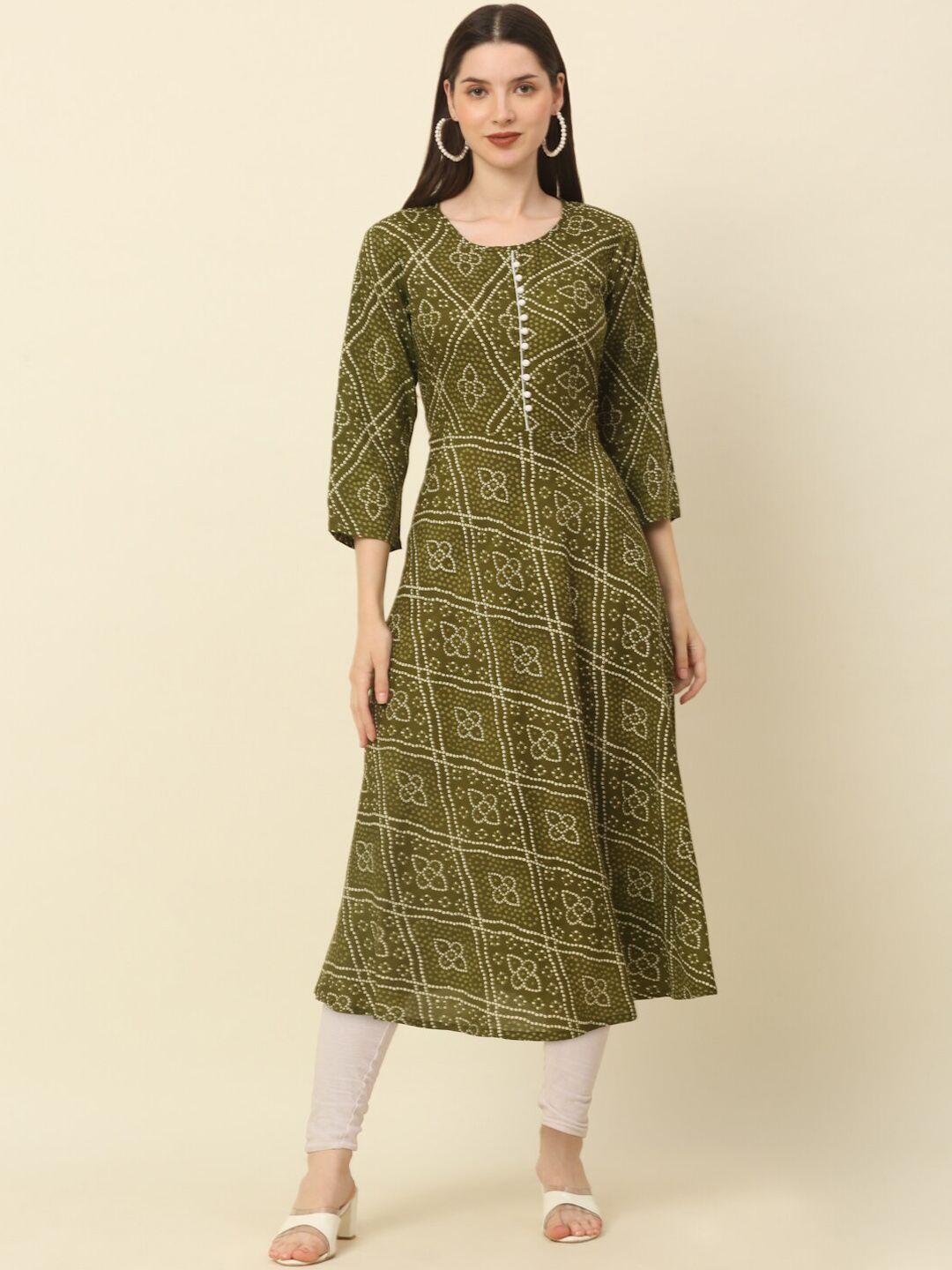 anouk olive green & white floral printed round neck pure cotton a-line kurta