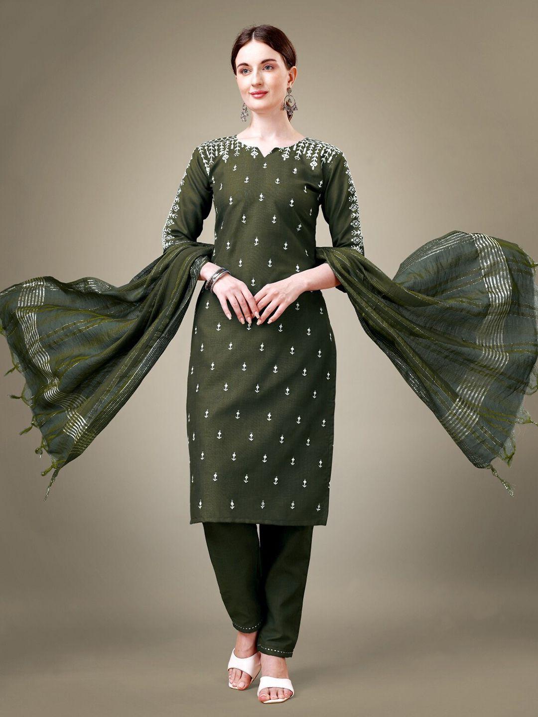 anouk olive green ethnic motifs embroidered straight kurta & trouser with dupatta