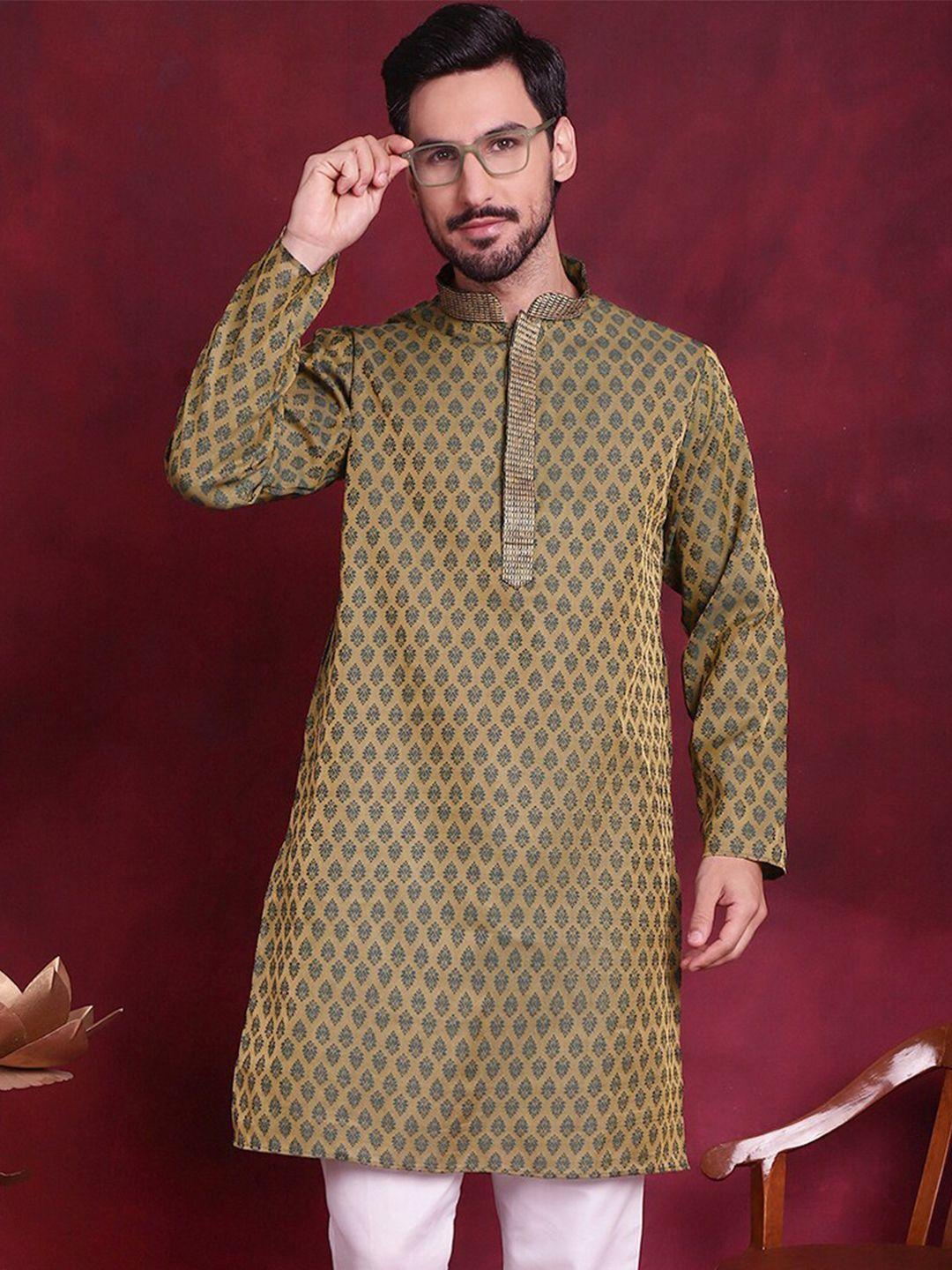 anouk olive green ethnic motifs woven design mandarin collar jacquard cotton silk kurta