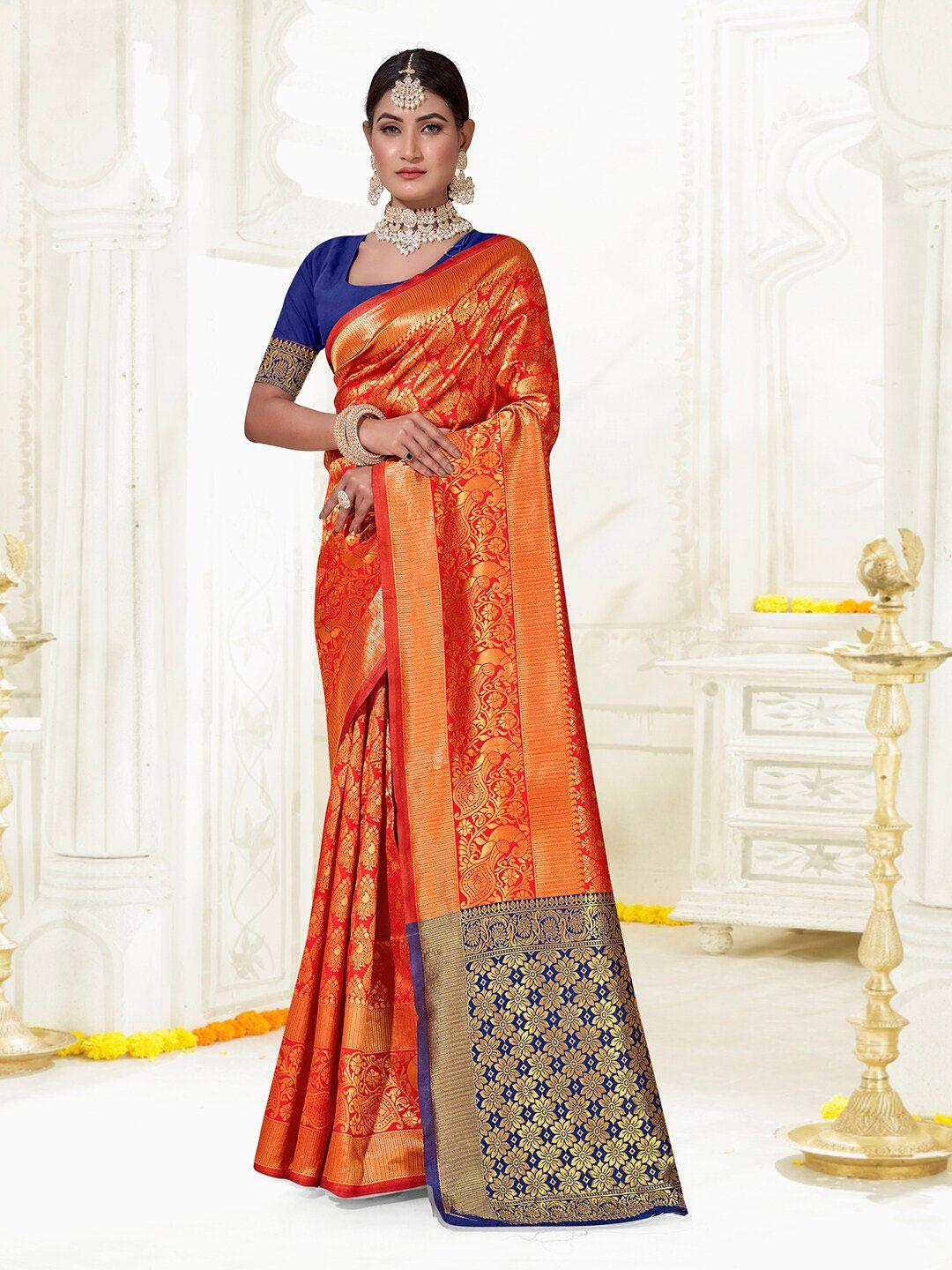 anouk orange & blue ethnic motifs woven design zari kanjeevaram saree