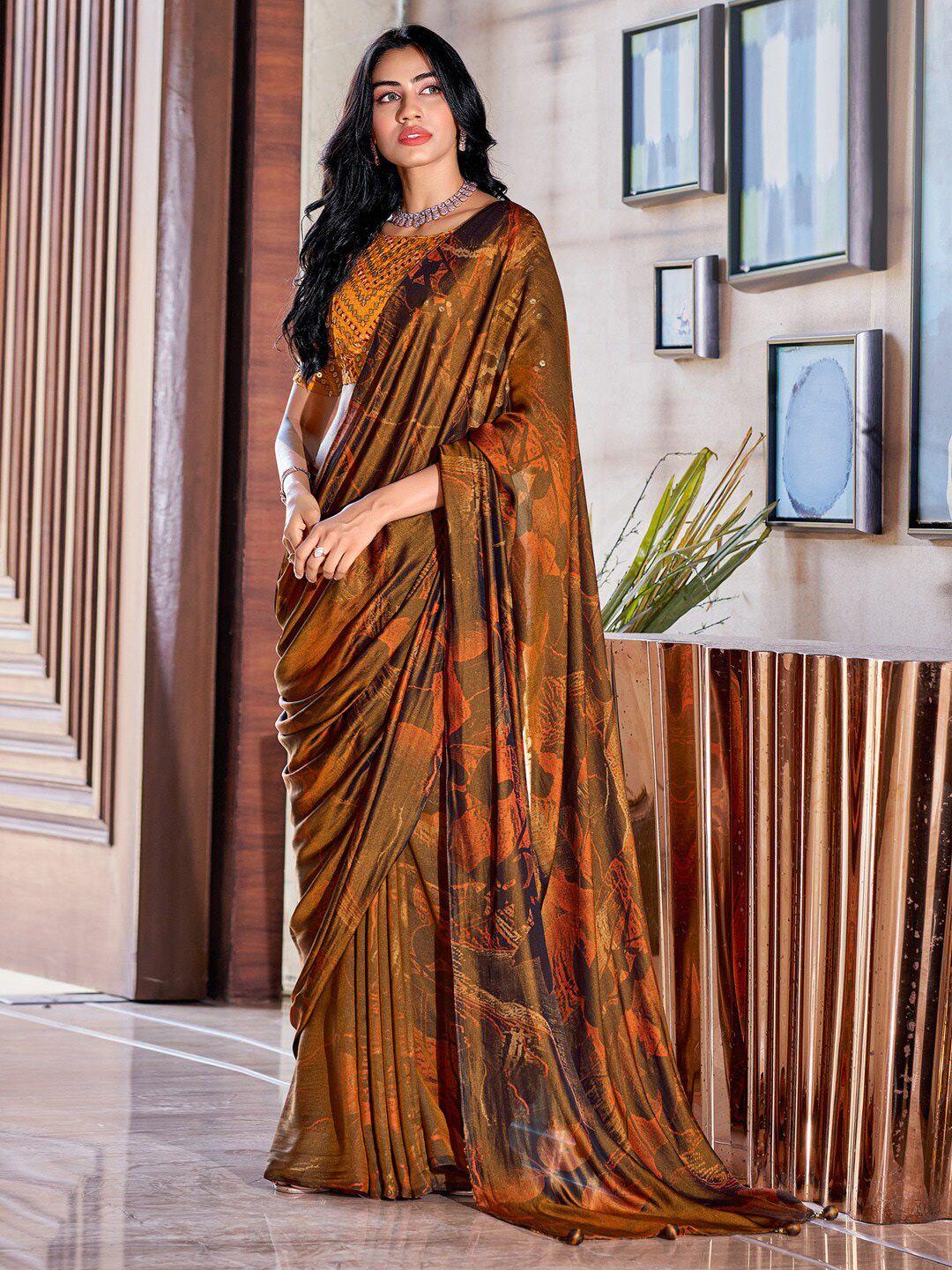 anouk orange & brown abstract printed sequinned saree