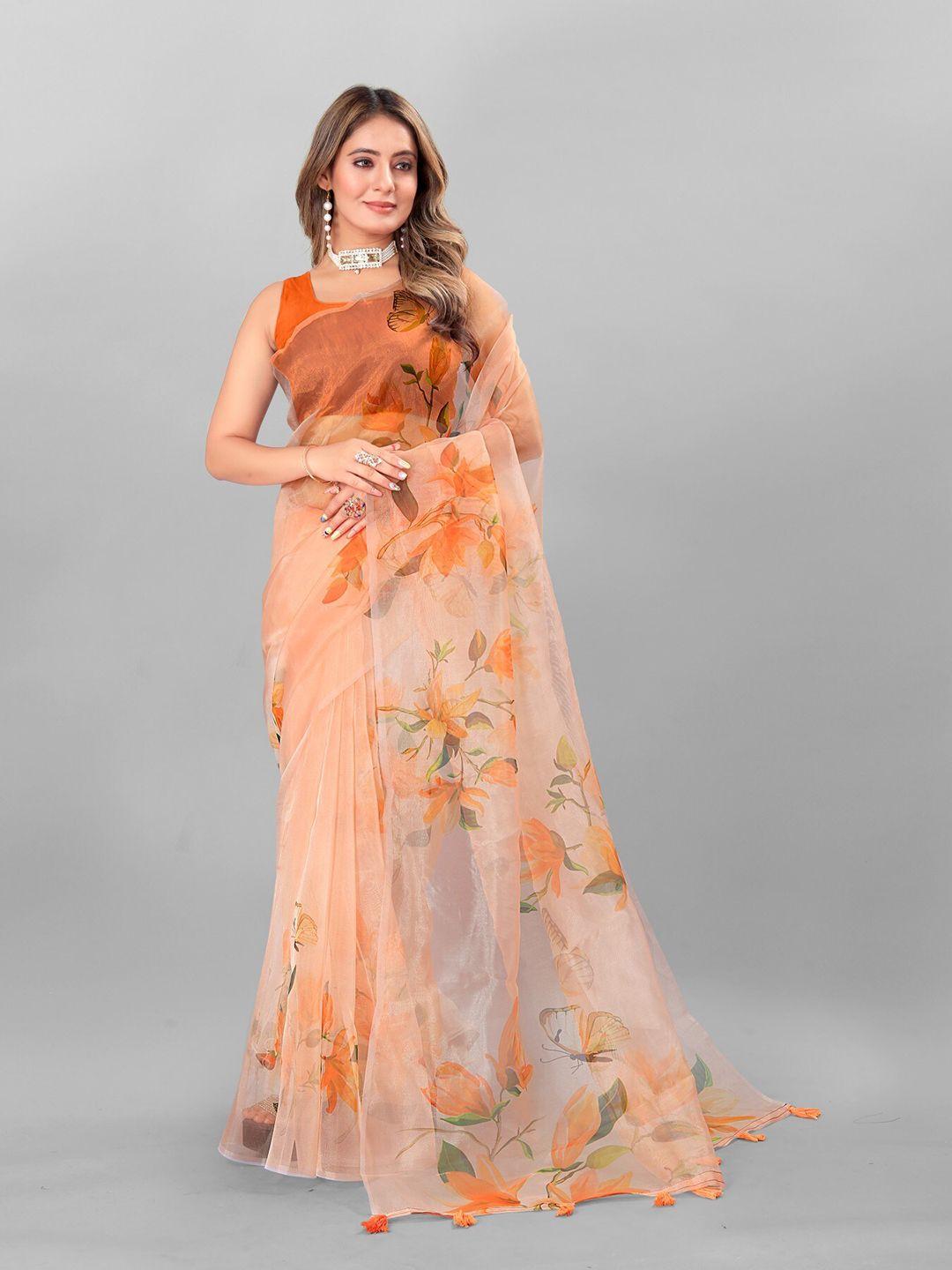 anouk orange & coral floral printed organza tussar saree