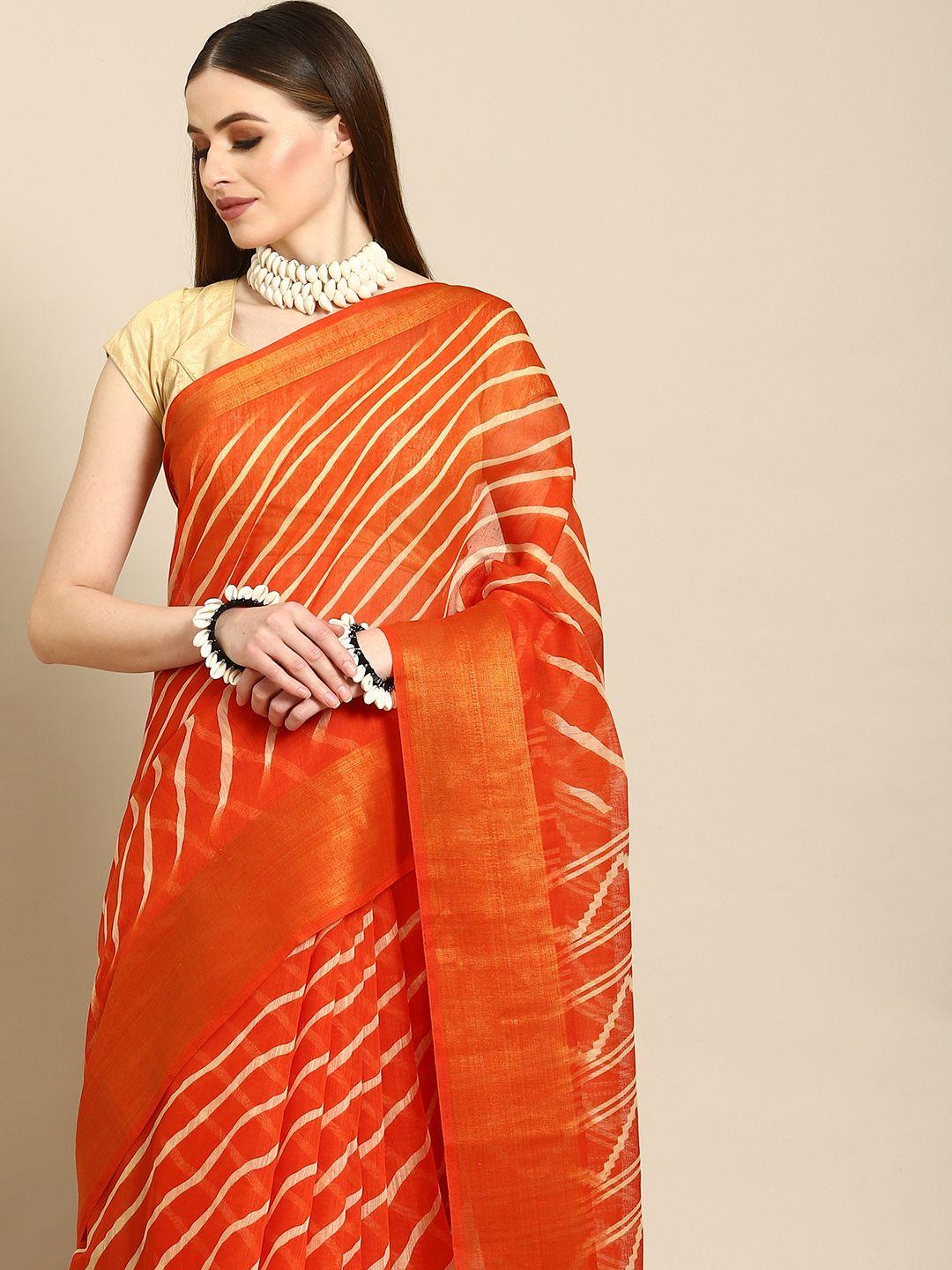 anouk orange & cream-coloured leheriya cotton blend saree