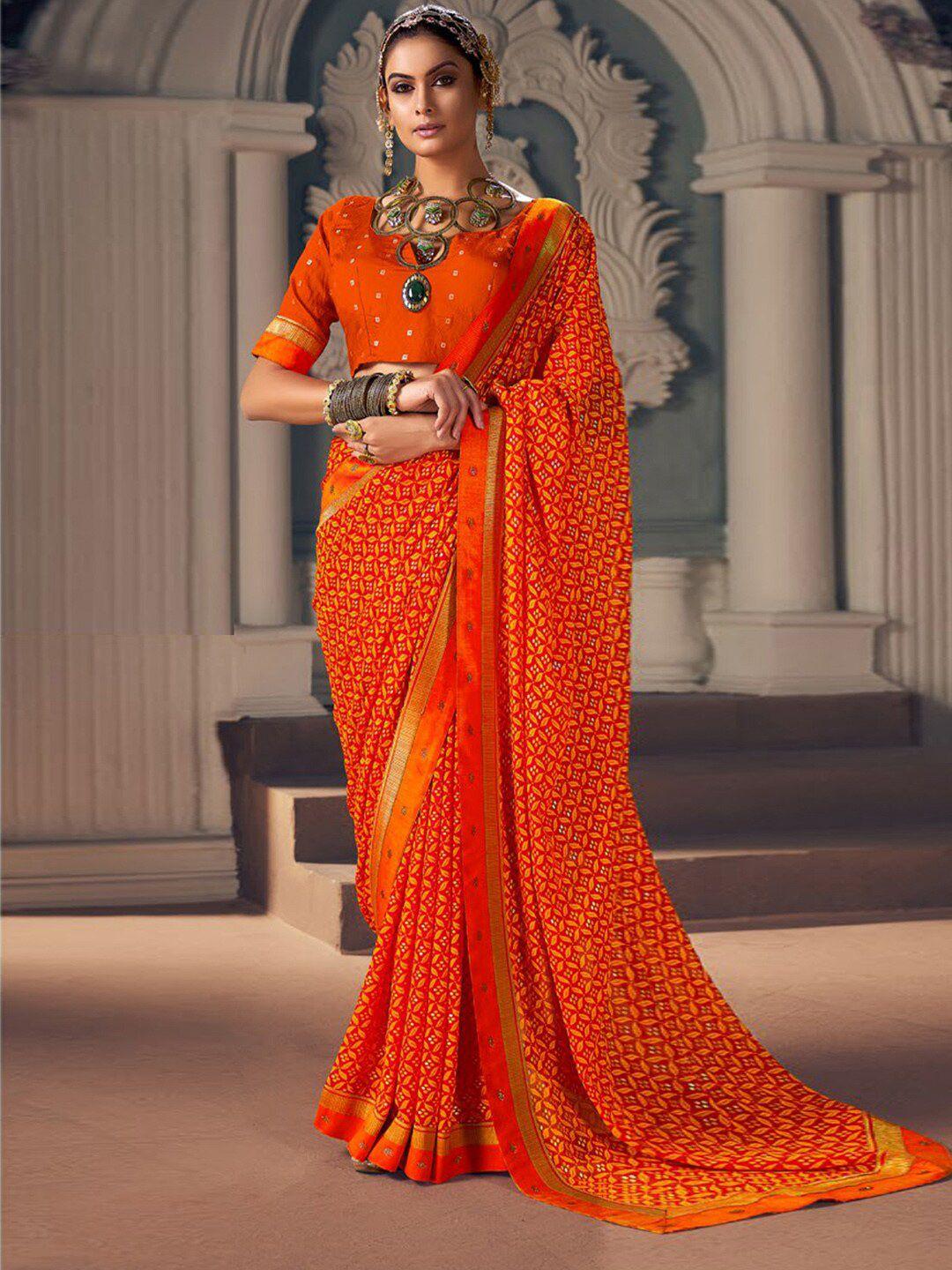 anouk orange & gold-toned ethnic motifs beads and stones pure georgette bagru saree