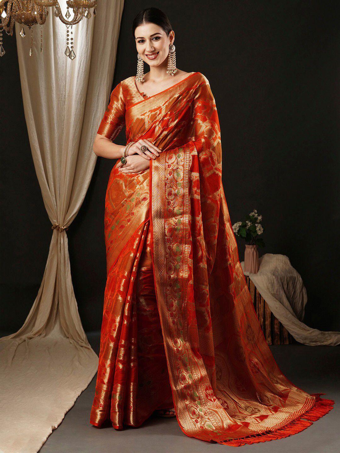 anouk orange & gold toned woven design zari organza banarasi saree