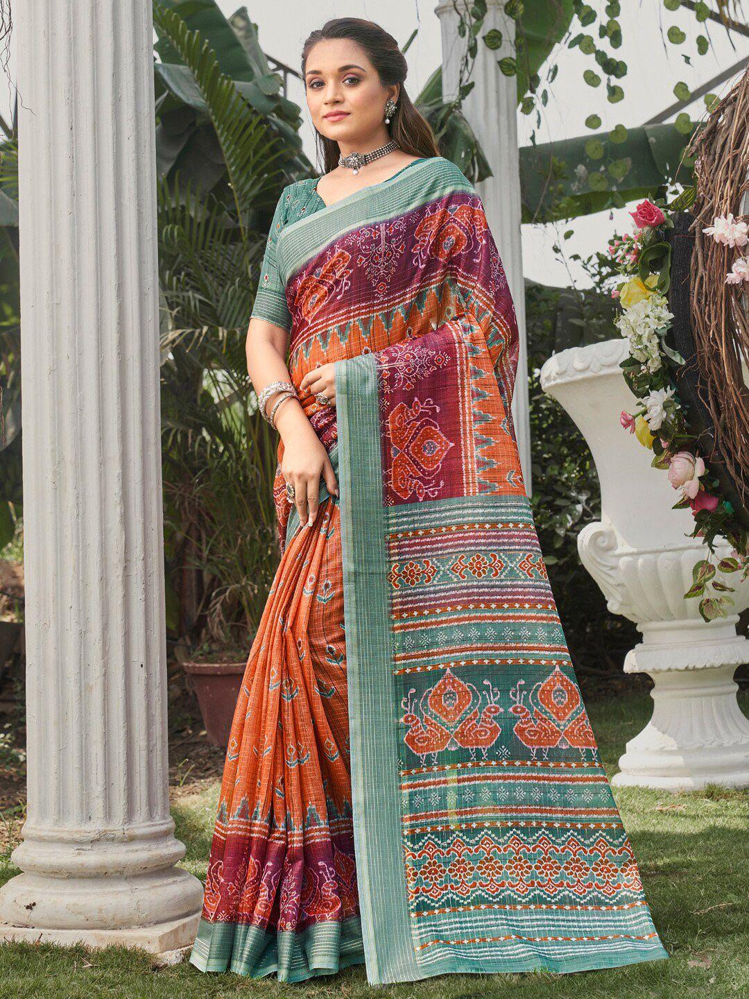 anouk orange & green ethnic motifs printed pure silk bagru saree