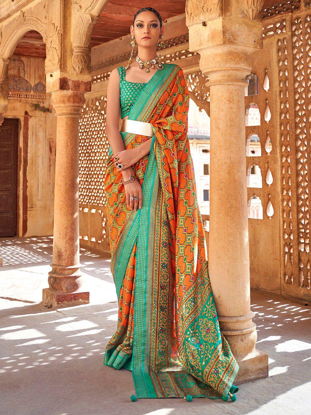 anouk orange & green ethnic motifs zari pure georgette bandhani saree