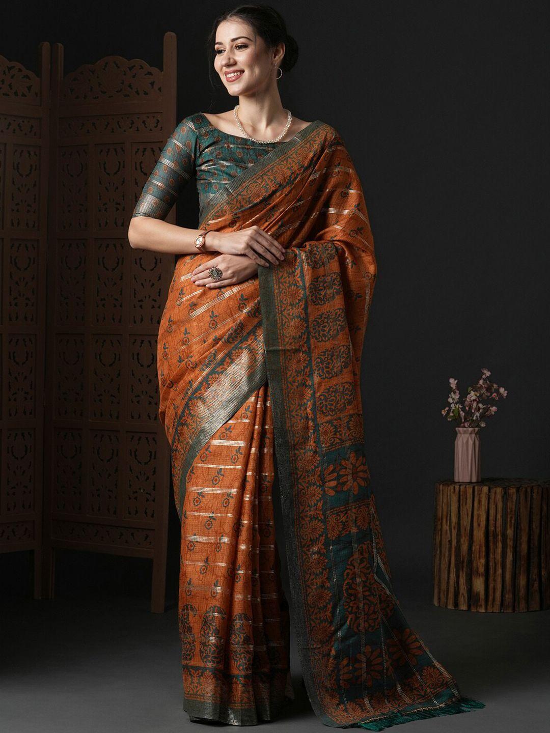 anouk orange & green floral printed saree