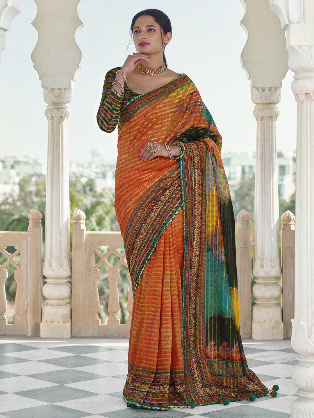 anouk orange & green striped festive saree