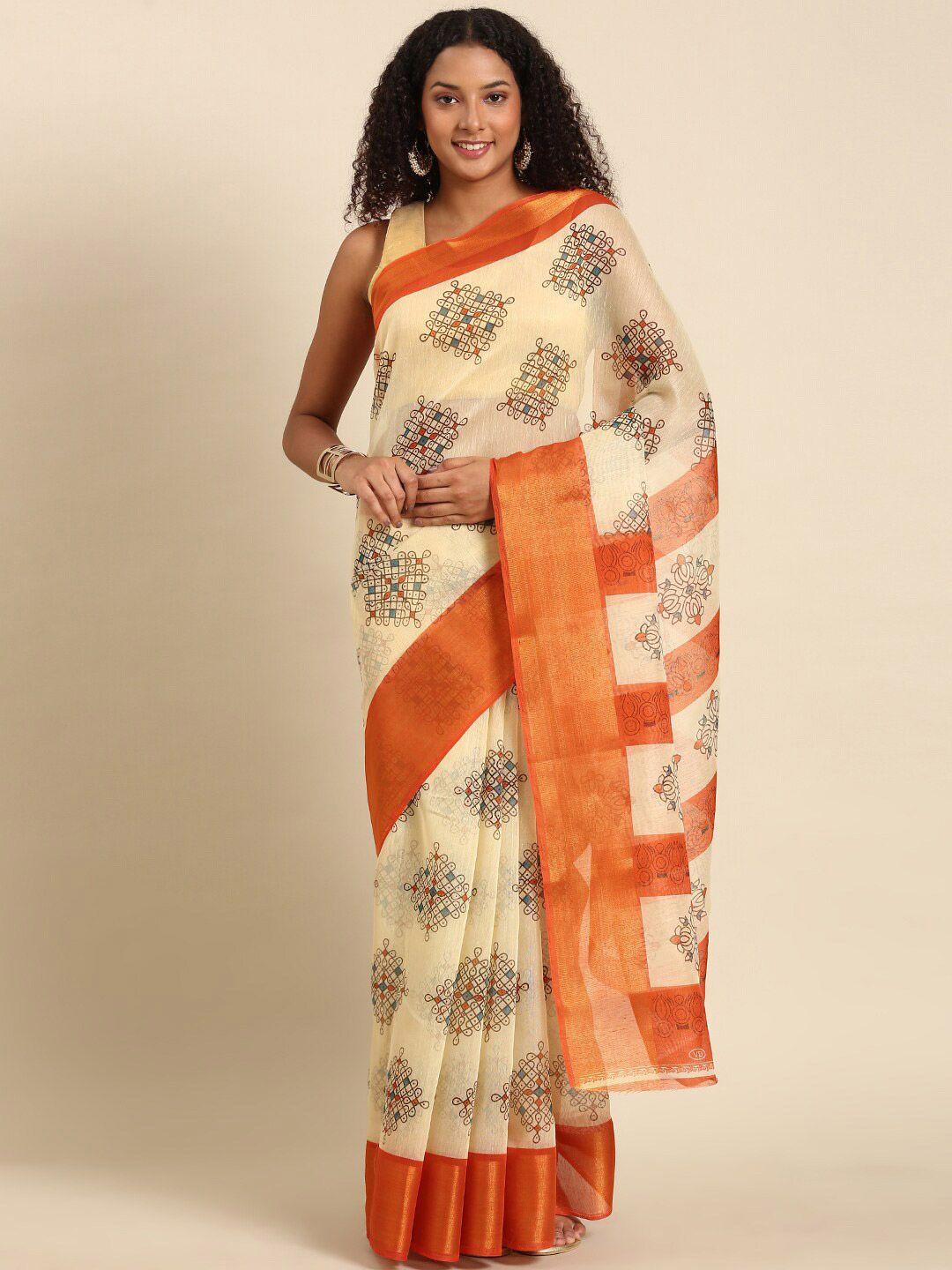 anouk orange & off white ethnic printed zari saree