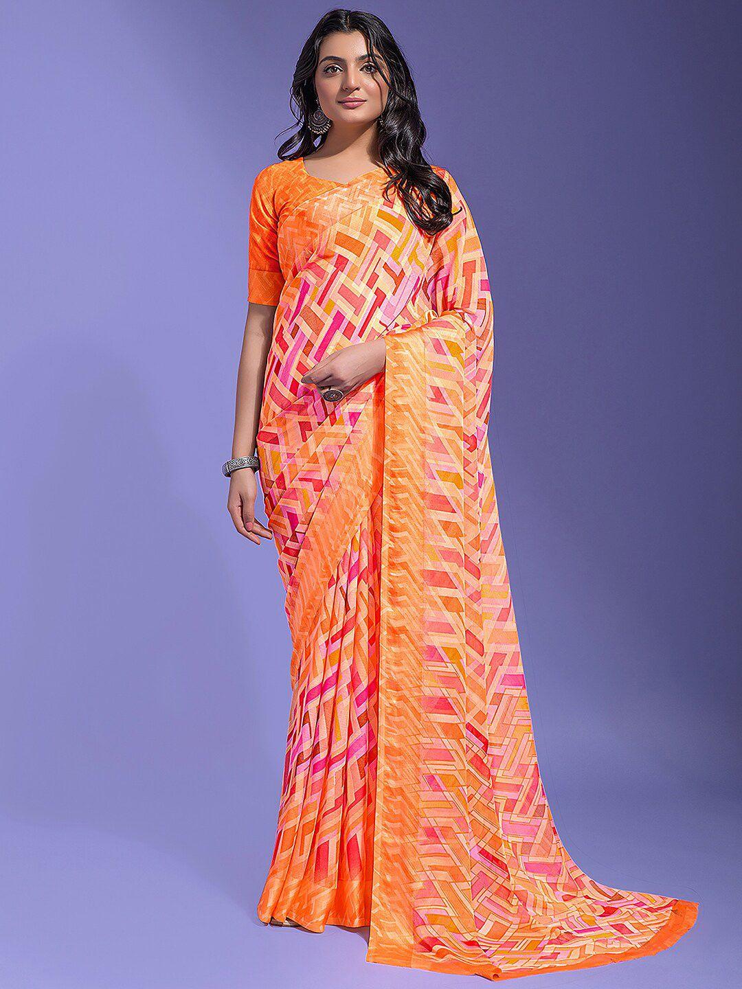 anouk orange & pink geometric printed pure chiffon block print saree