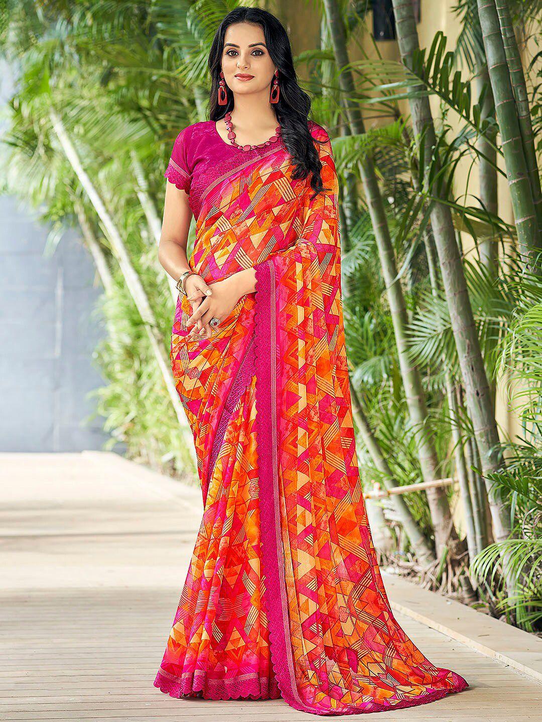 anouk orange & pink pure chiffon designer saree