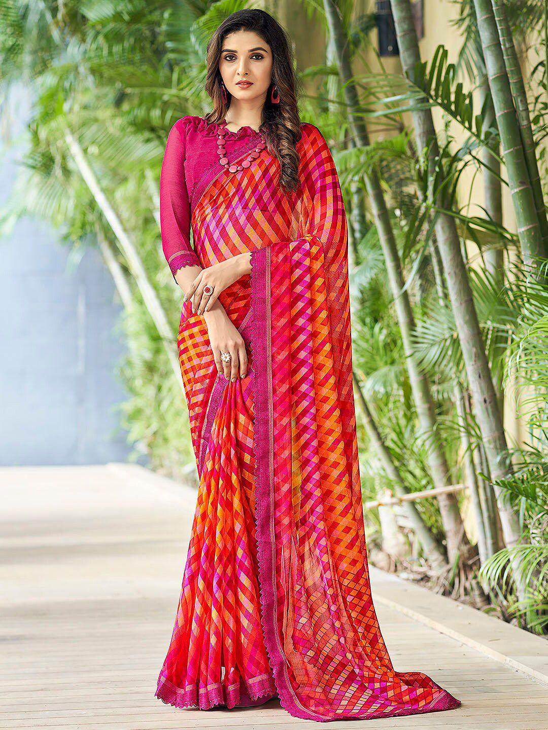 anouk orange & pink pure chiffon designer saree