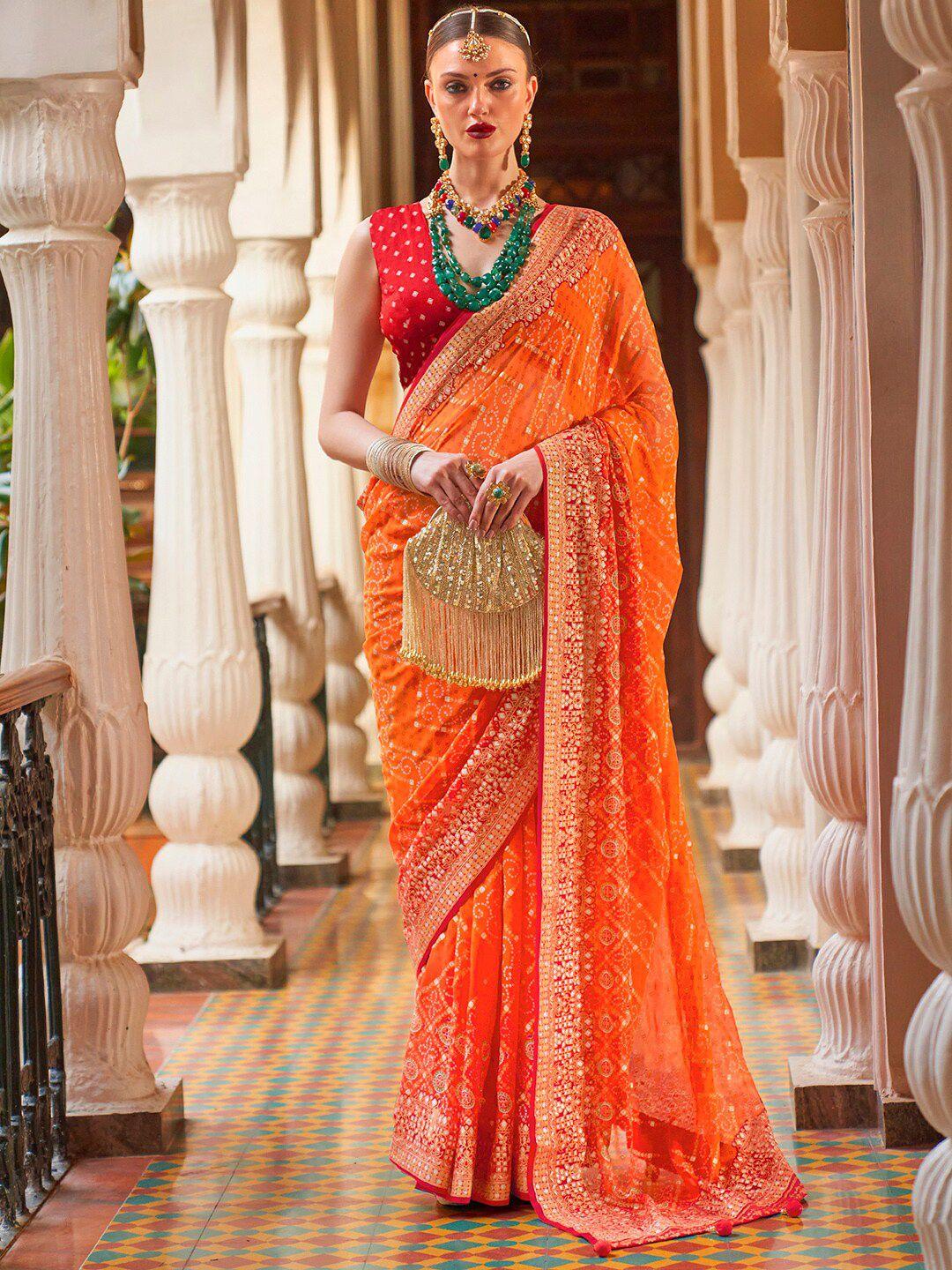 anouk orange & red bandhani beads and stones pure georgette leheriya saree