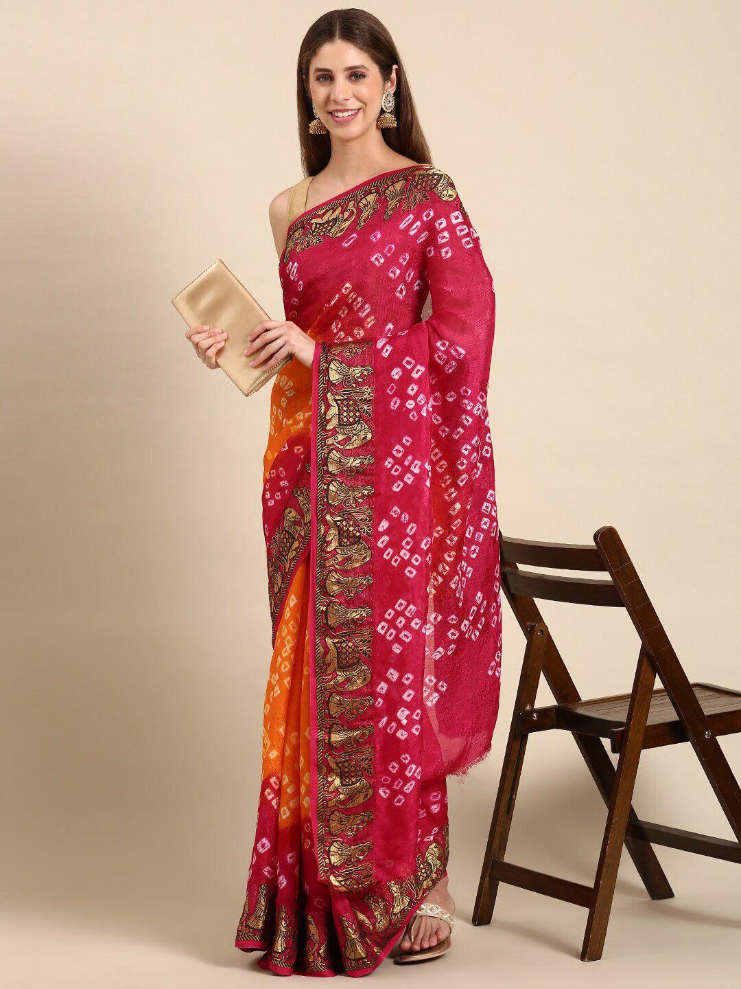 anouk orange & red bandhani printed saree