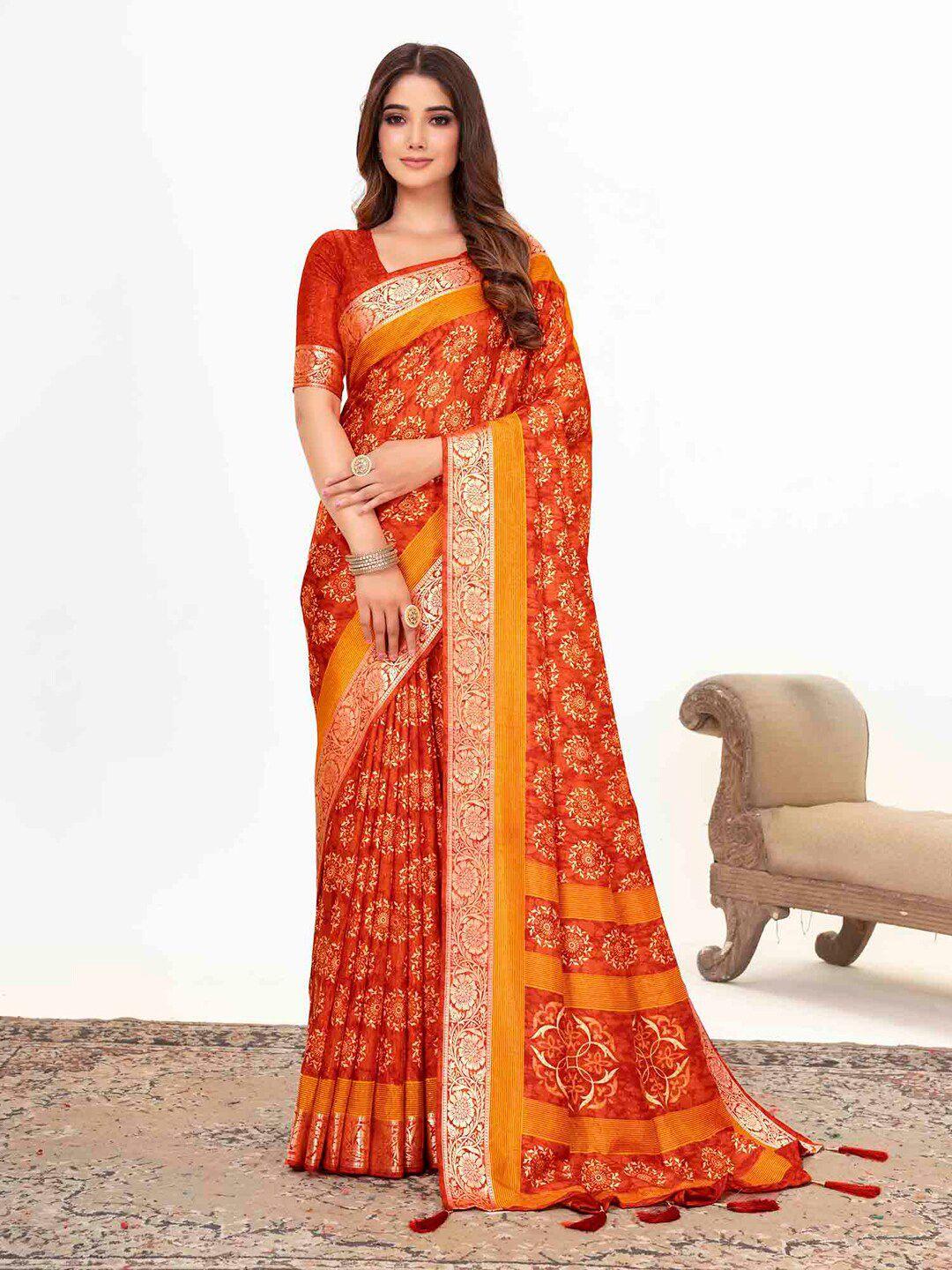 anouk orange & red ethnic motifs printed zari sungudi saree