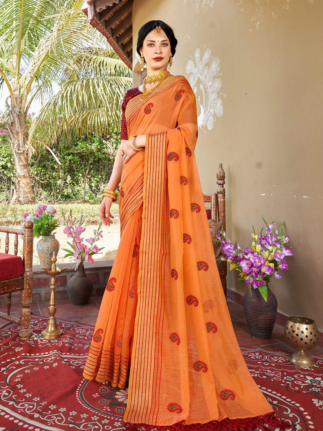 anouk orange & red paisley embroidered chanderi silk cotton saree