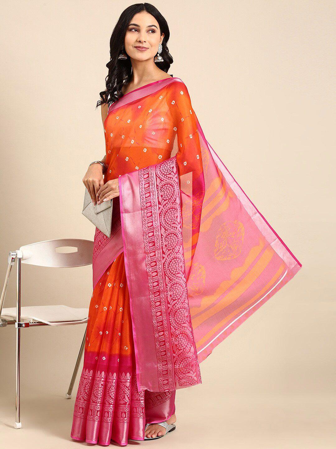 anouk orange & white bandhani zari pure cotton saree