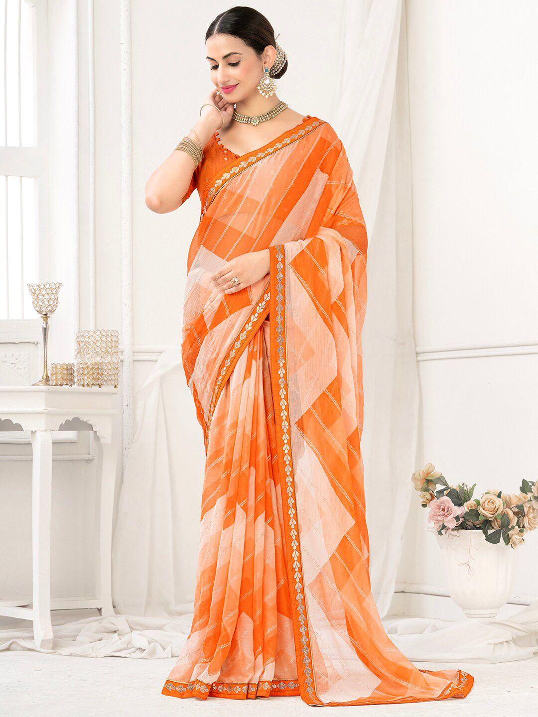 anouk orange & white striped pure chiffon saree