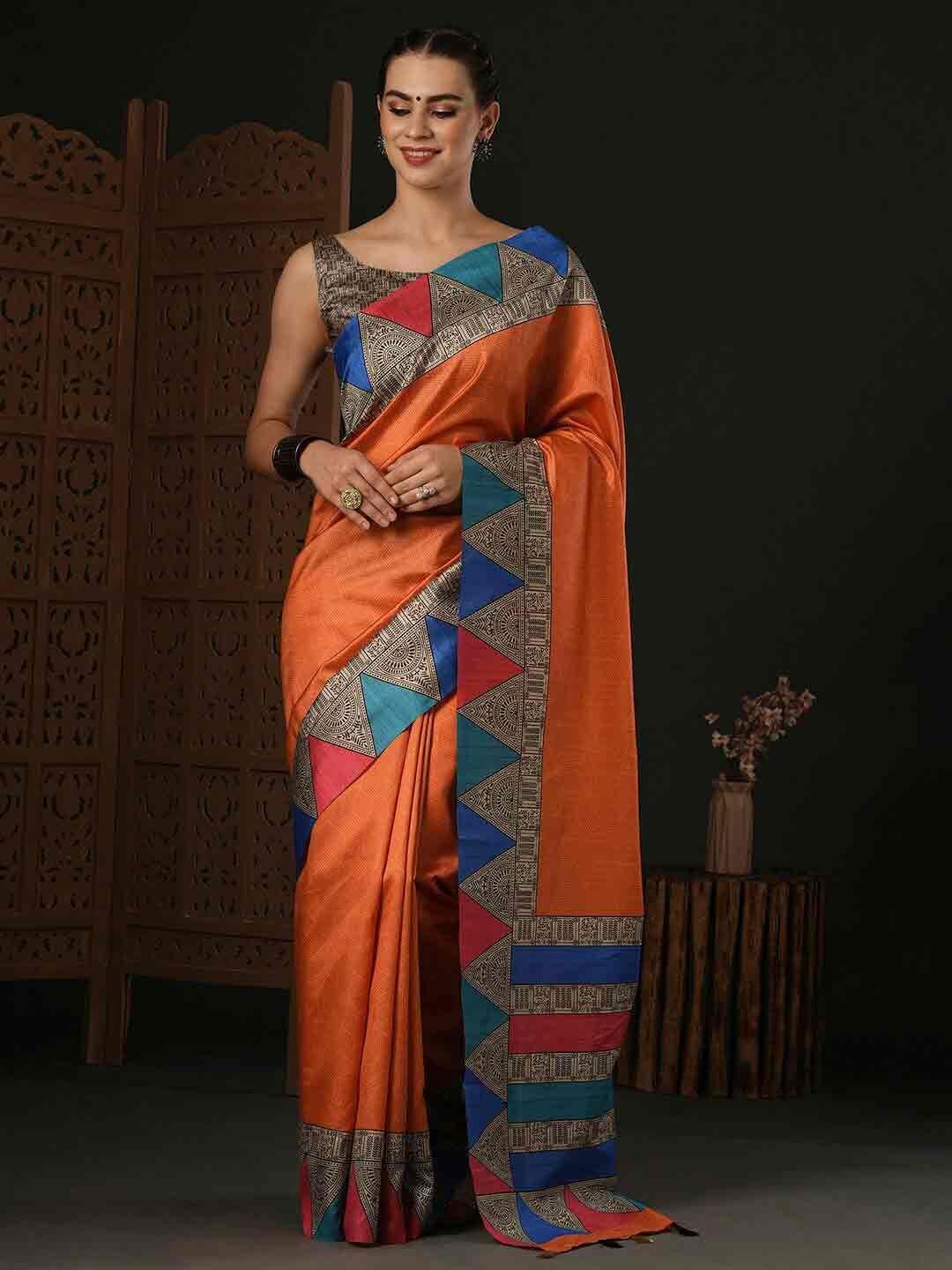 anouk orange bagh silk blend designer dabu saree