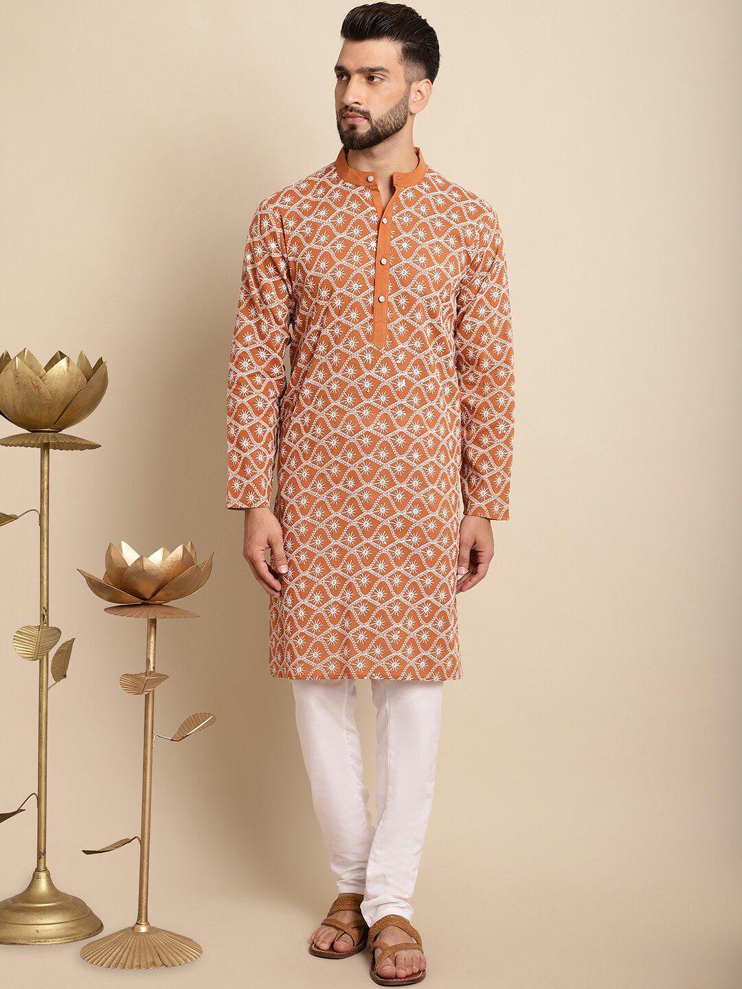 anouk orange-coloured & white floral embroidered thread work pure cotton kurta set