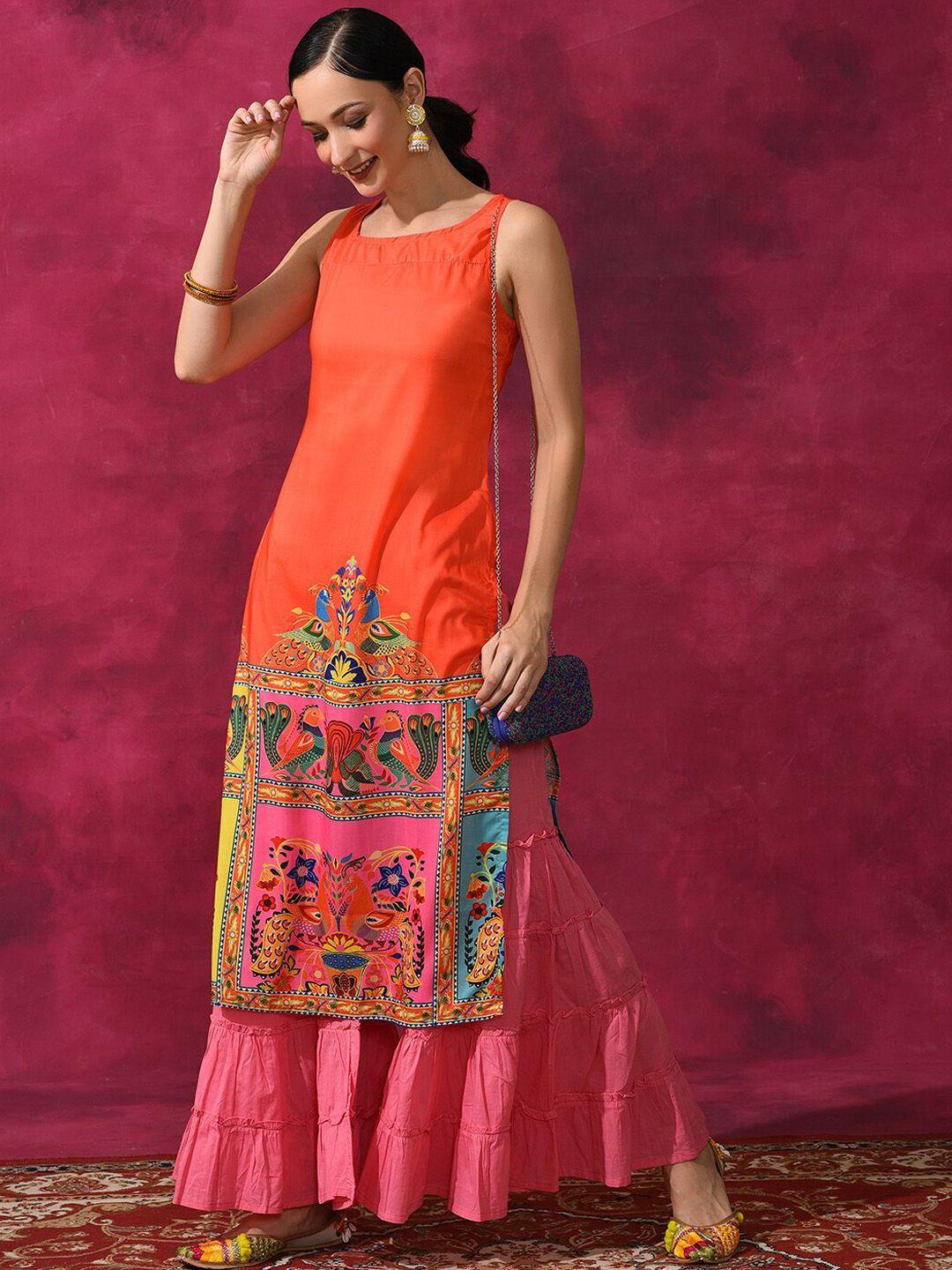 anouk orange ethnic motif printed cotton silk straight kurta