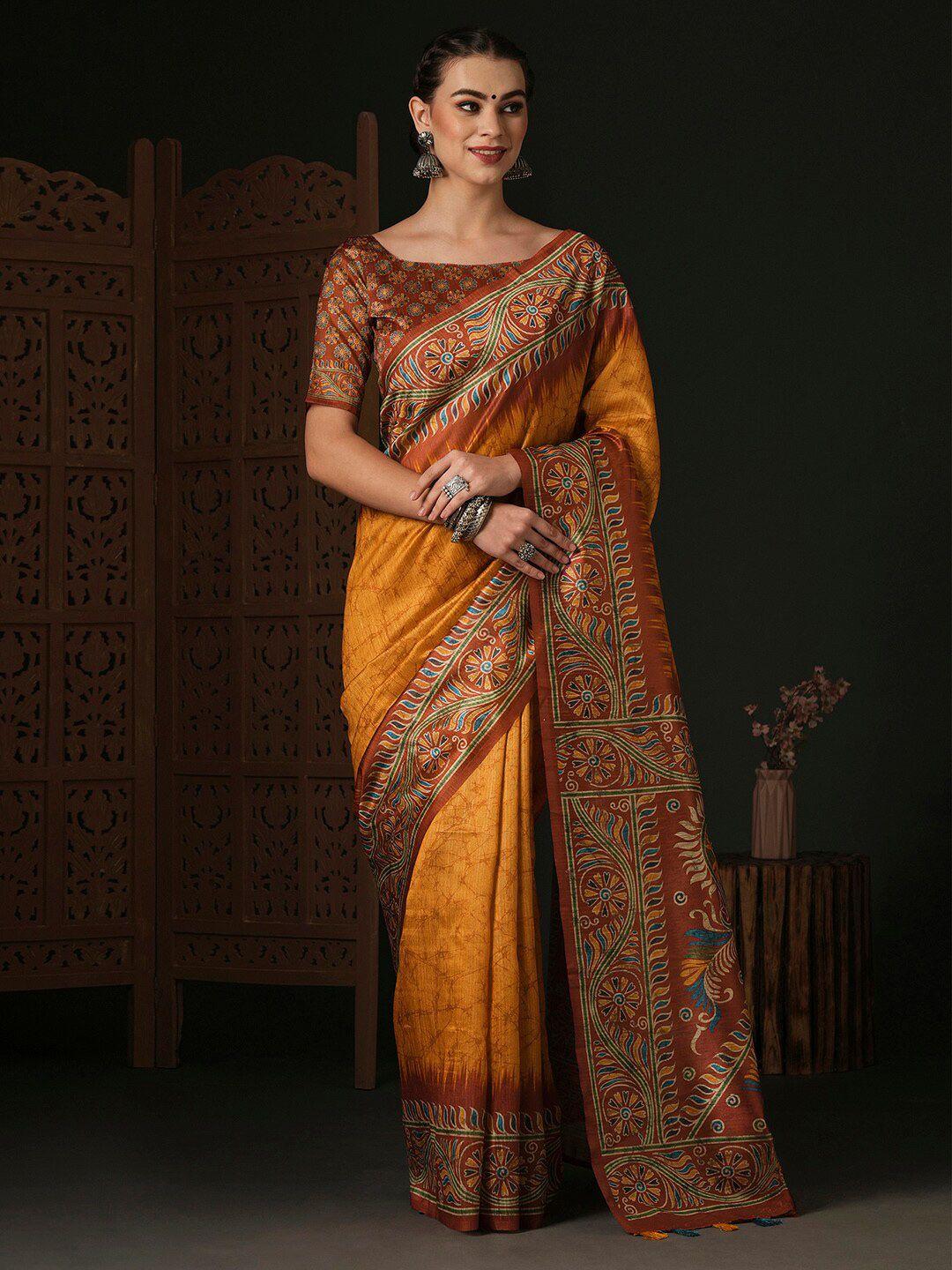 anouk orange ethnic motifs silk blend designer dabu saree