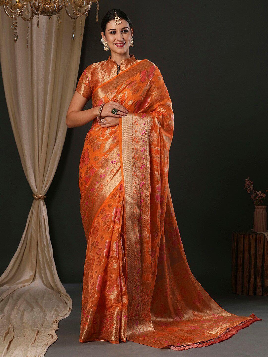 anouk orange ethnic motifs woven design organza  banarasi saree