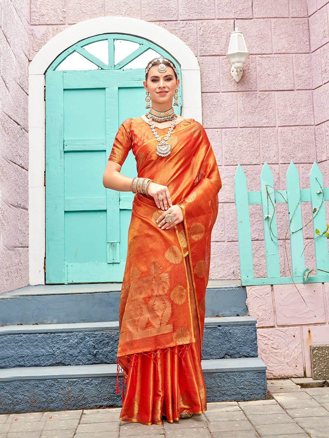 anouk orange ethnic motifs woven designed tissue saree