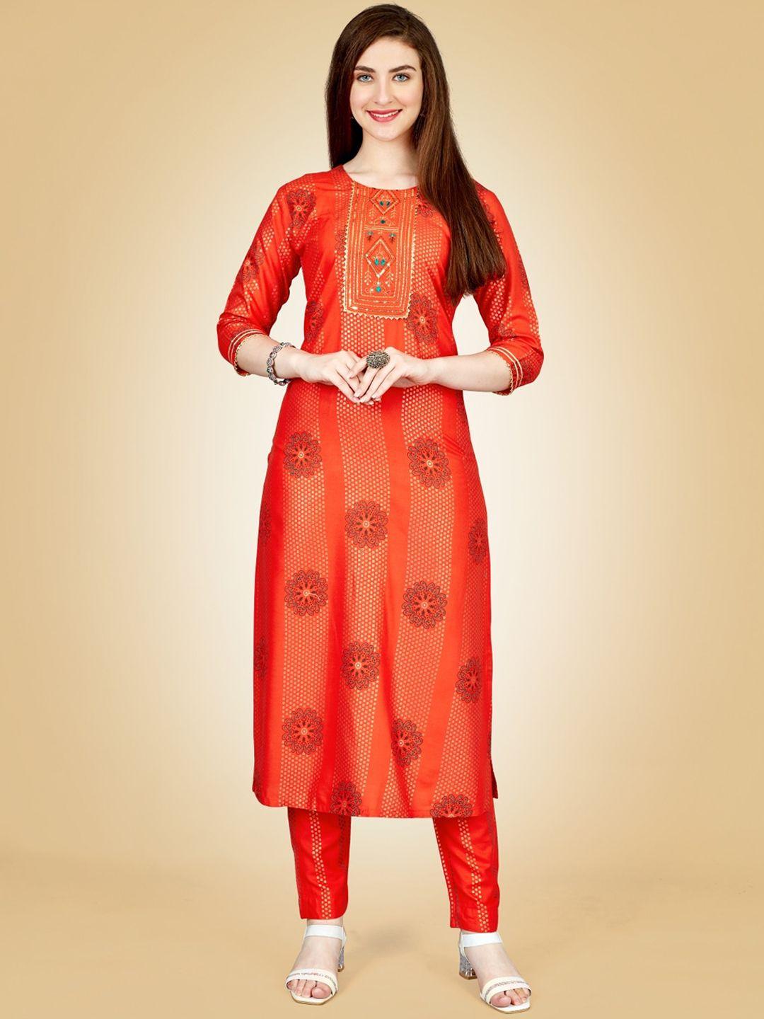 anouk orange floral printed regular straight kurta with trousers