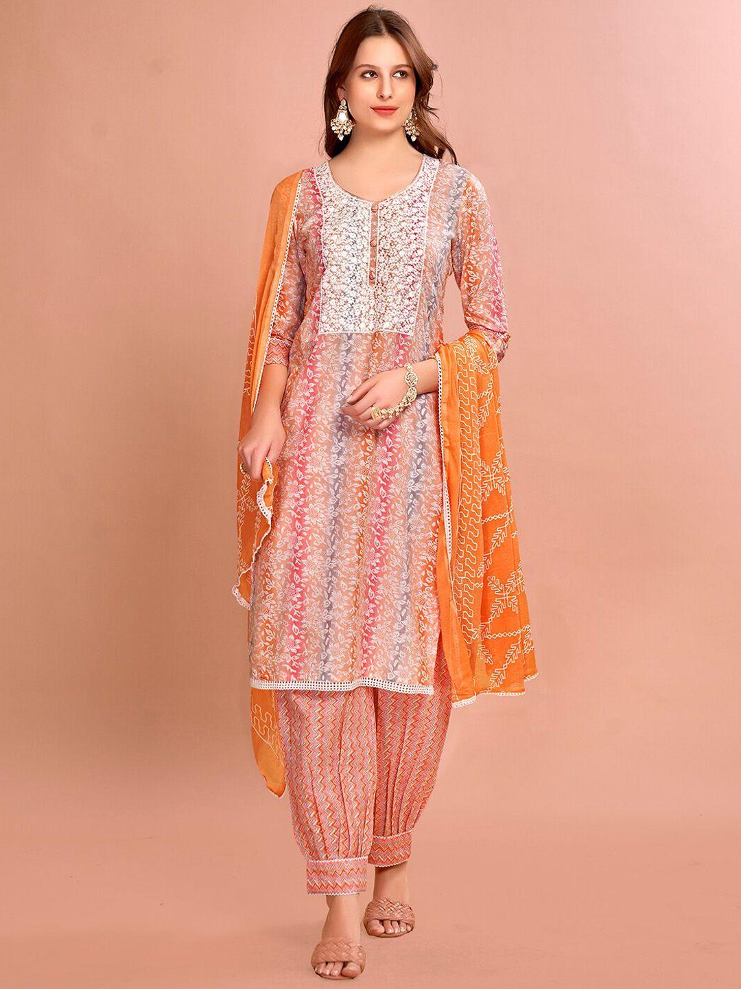 anouk orange floral printed thread work pure cotton straight kurta with salwar & dupatta